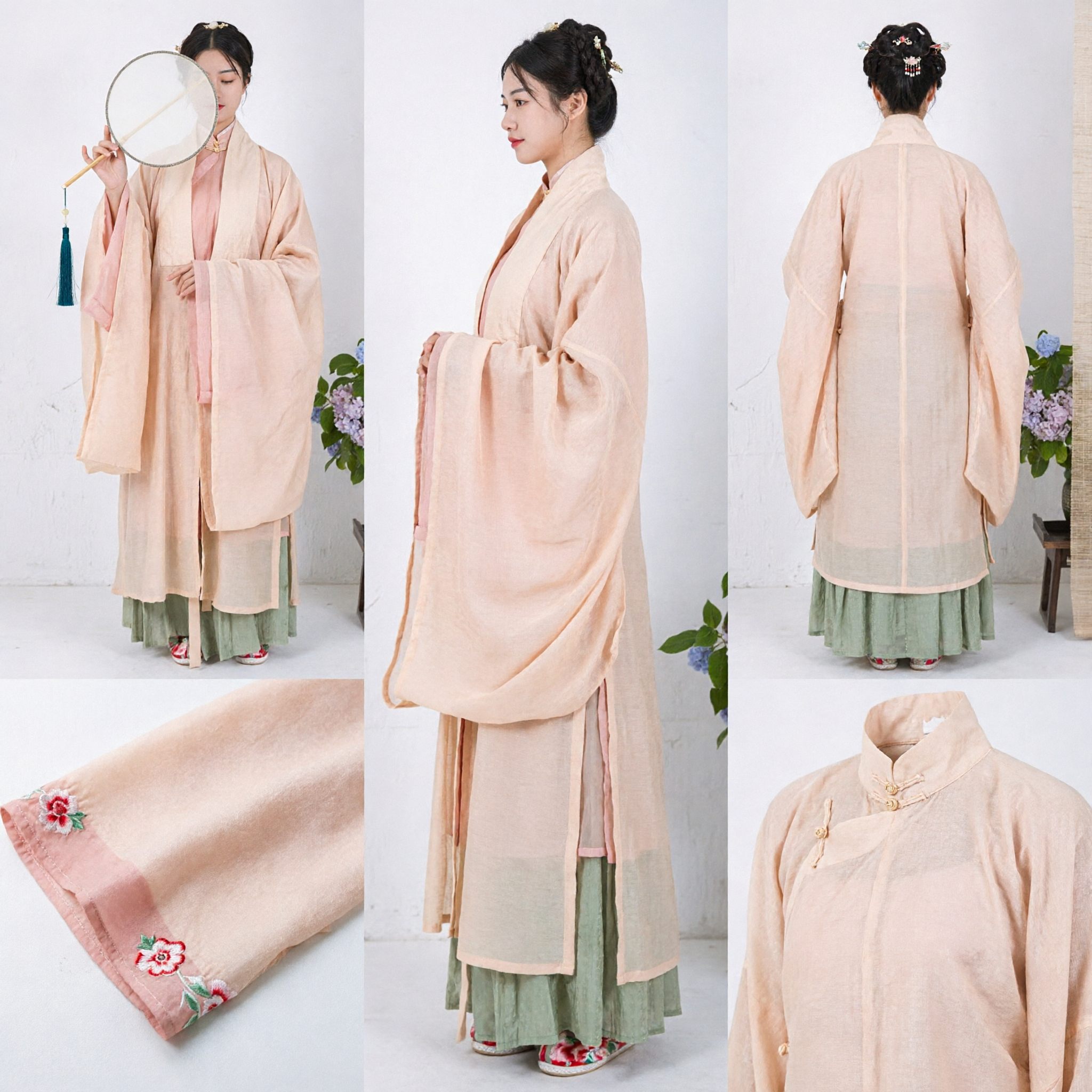 Traditional Chinese Hanfu Ming Dynasty Style Peach Outer Robe and Green Skirt Ancient Costume for Women - Asian Costume