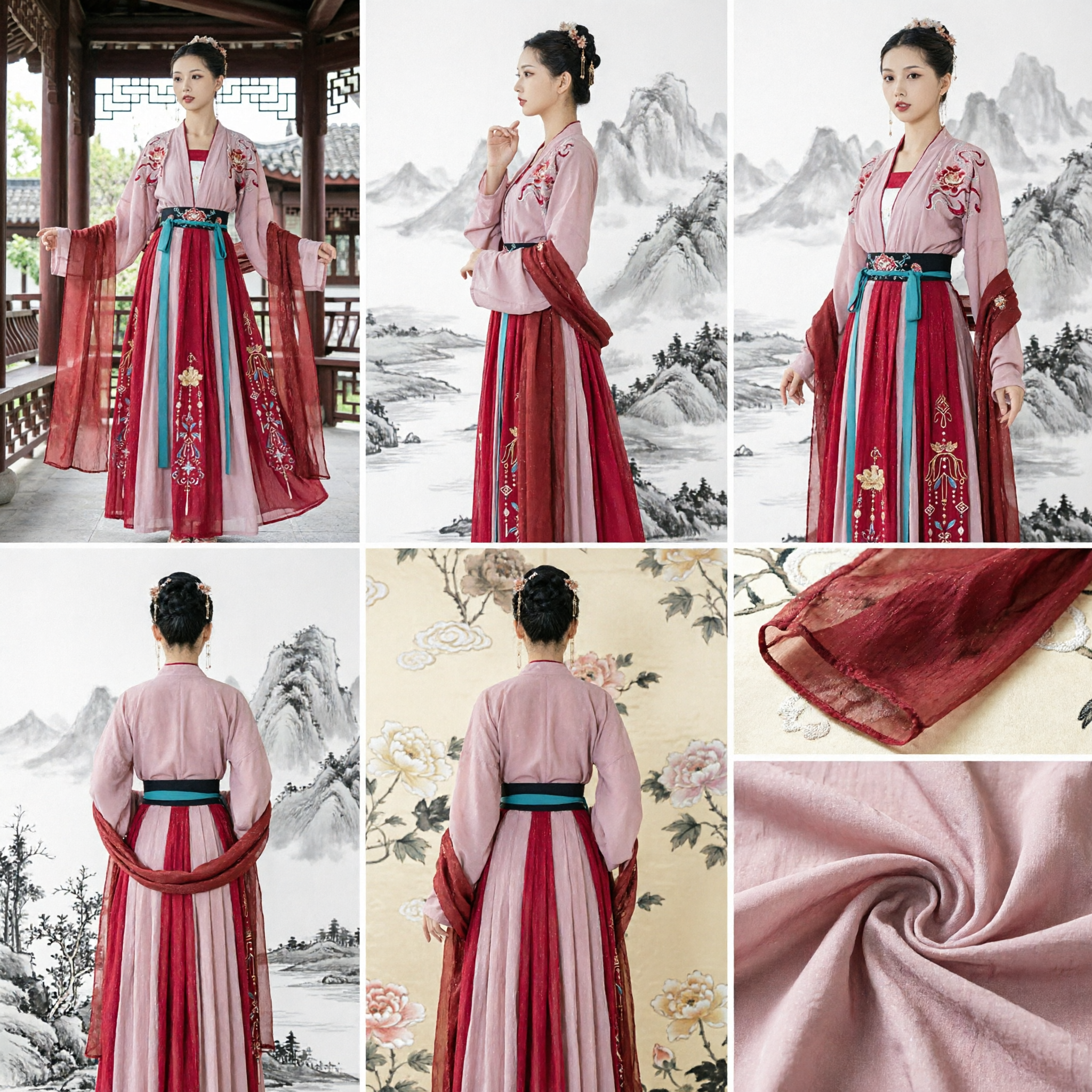 Elegant Traditional Chinese Hanfu for Women Ancient Embroidered Pink Robe and Red Skirt Costume Set - Asian Costume