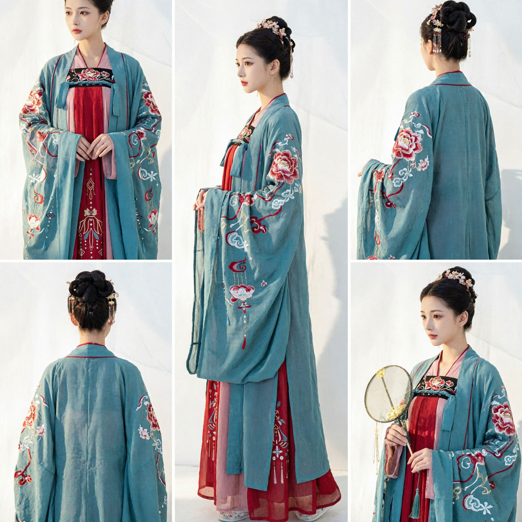 Traditional Chinese Hanfu Tang Dynasty Style Embroidered Blue Robe and Red Skirt Set for Women Historical Cosplay - Asian Costume
