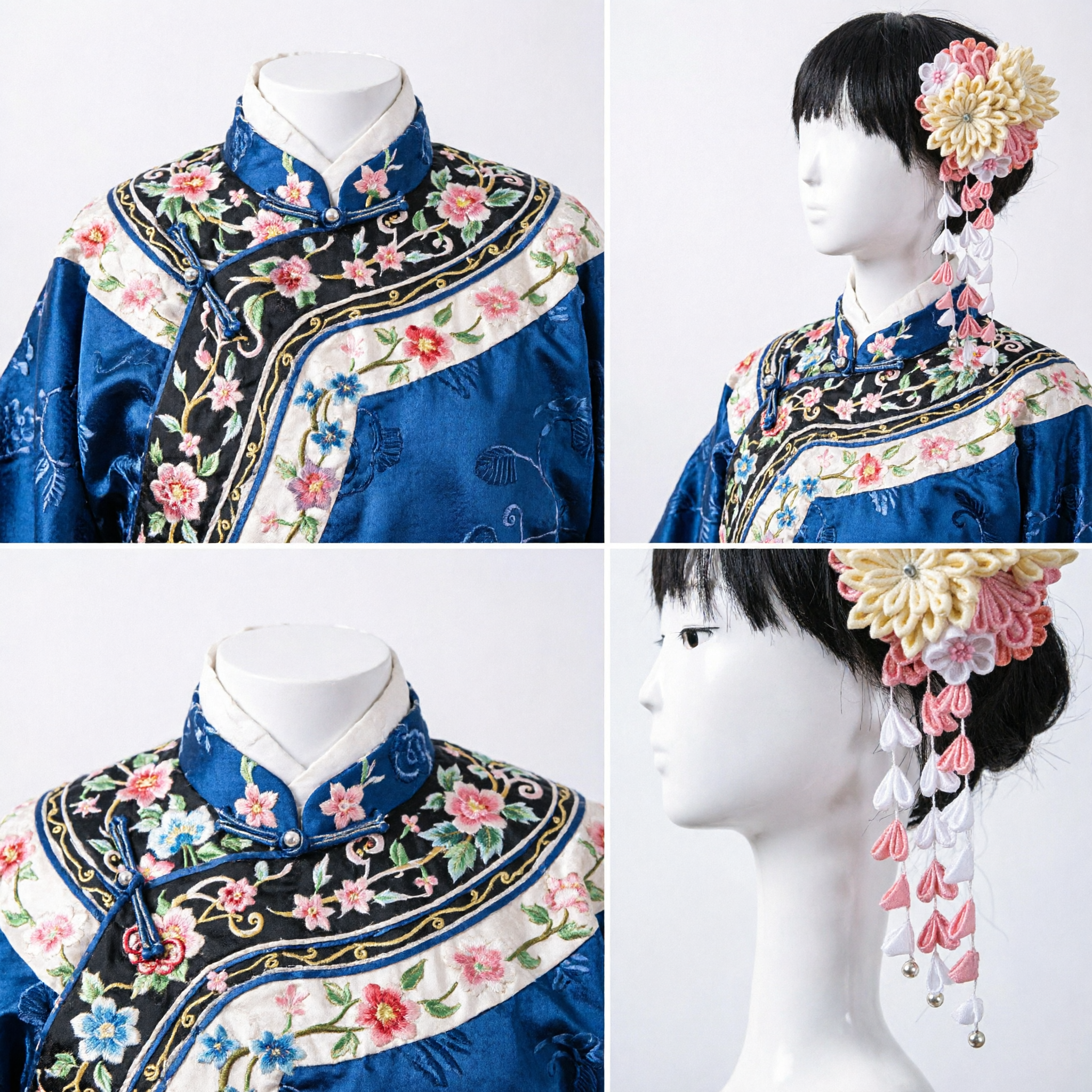 Elegant Chinese Traditional Hanfu Hair Accessory Pastel Fabric Flower Cluster with Dangling Beaded Tassels - Asian Costume