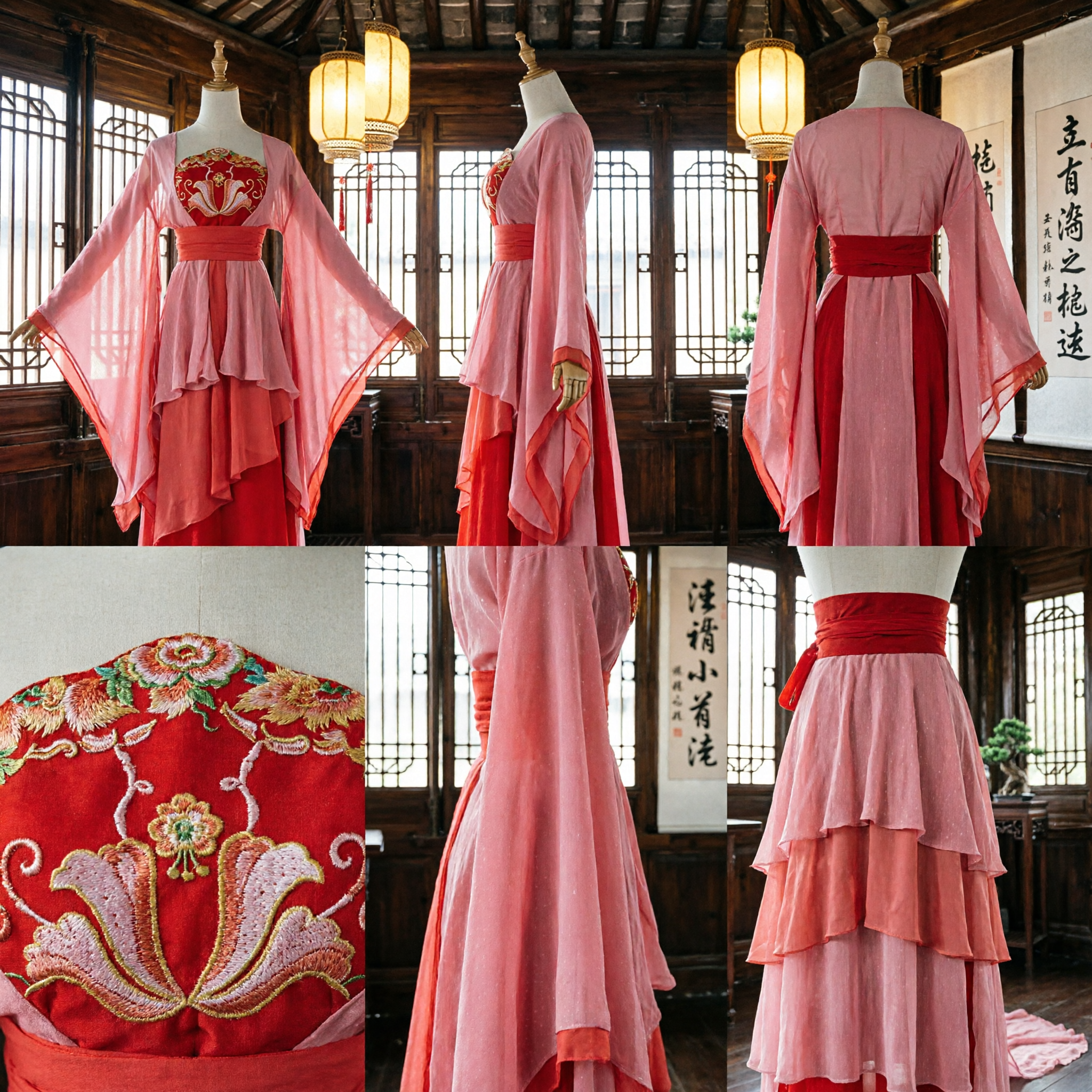 Pink and Red Traditional Chinese Hanfu Ancient Tang Dynasty Princess Dress Women's Costume for Performance - Asian Costume