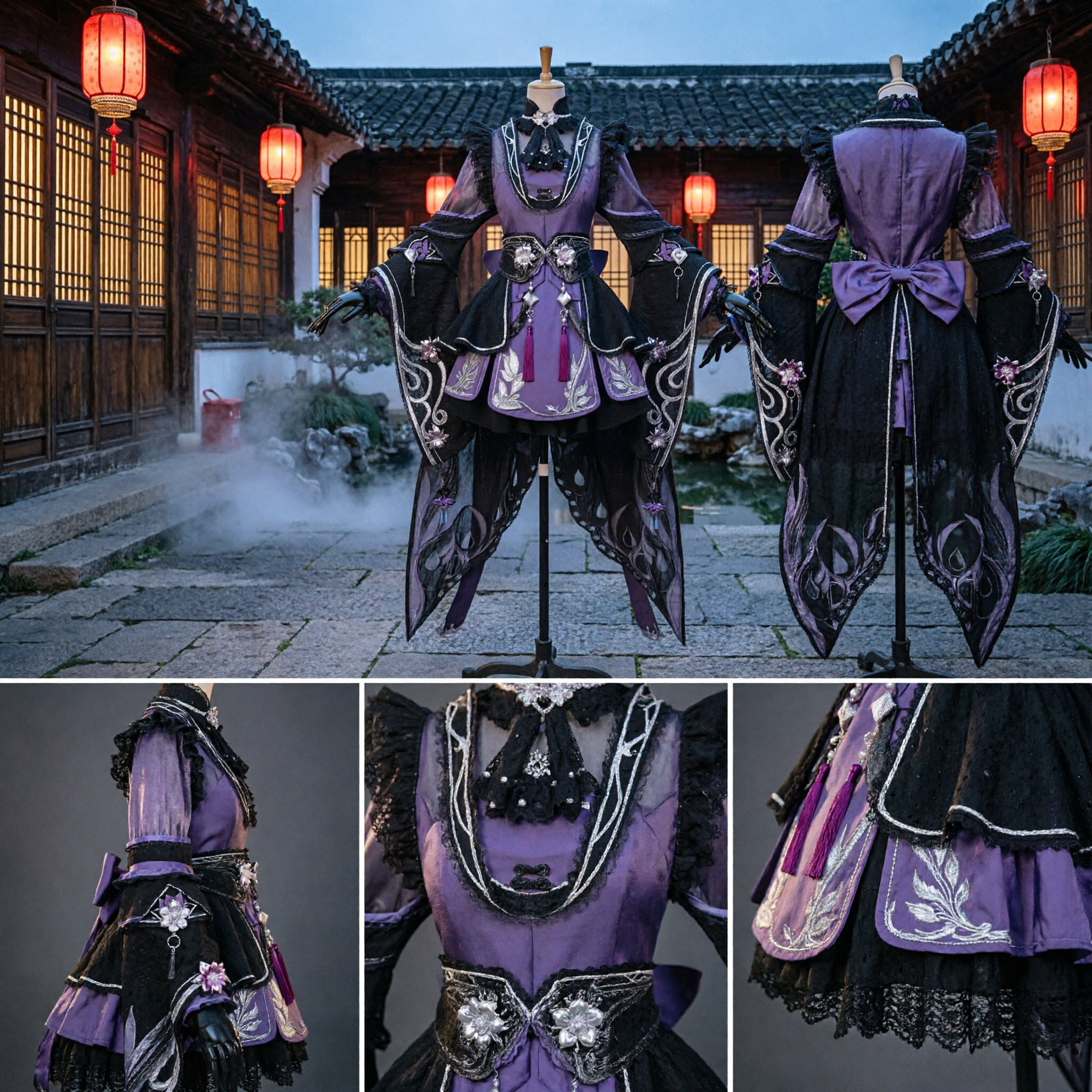 Purple and Black Chinese Ancient Wuxia Cosplay Costume Embroidered Hanfu Dress for Women Performance - Asian Costume