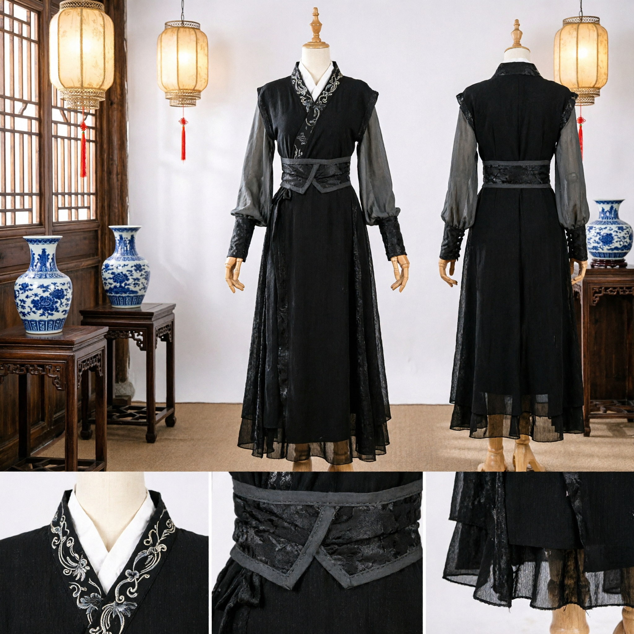 Men's Ancient Chinese Black Hanfu Swordsman Costume Traditional Martial Arts Cosplay Outfit - Asian Costume