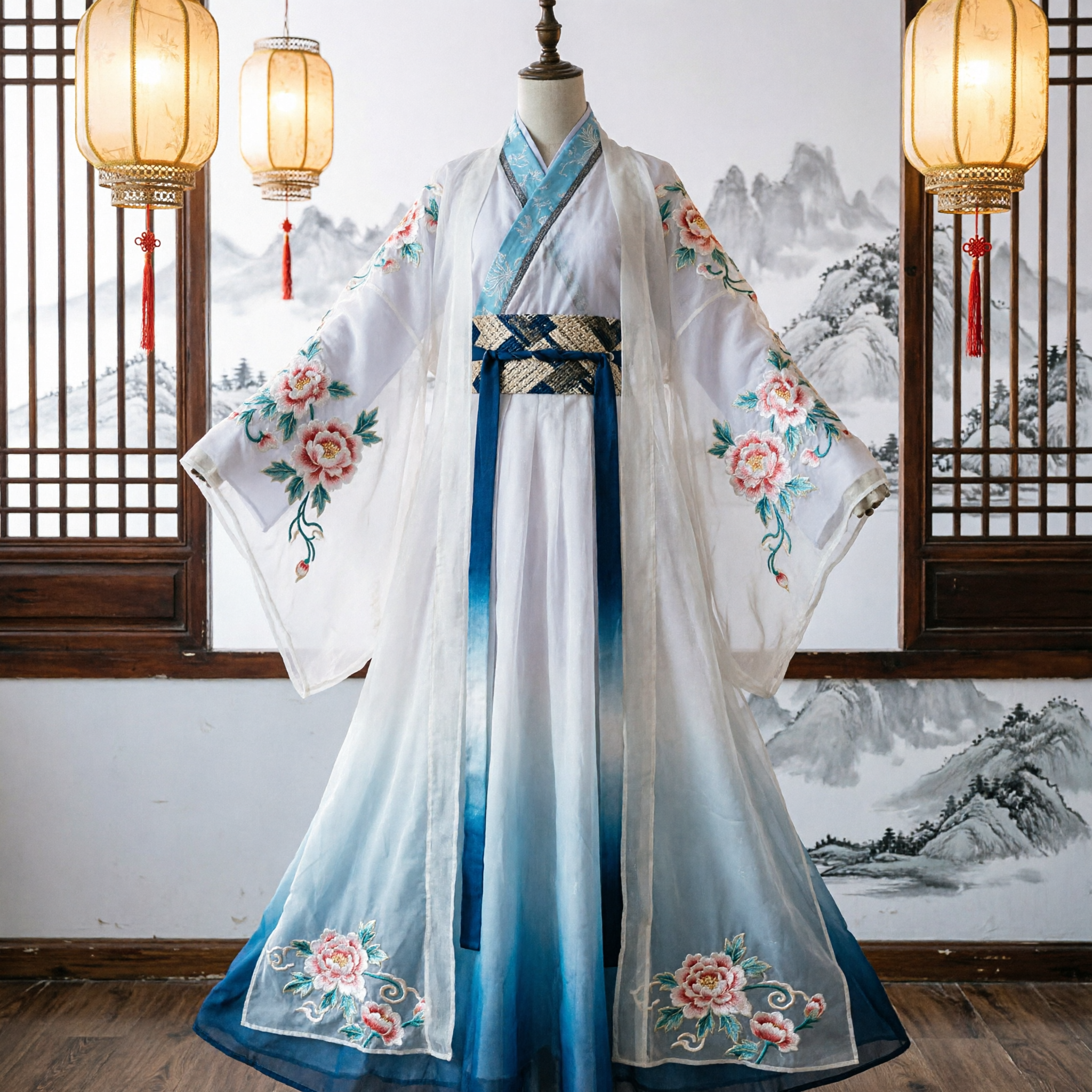 Elegant White and Blue Chinese Hanfu Traditional Ancient Costume Embroidered Fairy Dress for Women - Asian Costume