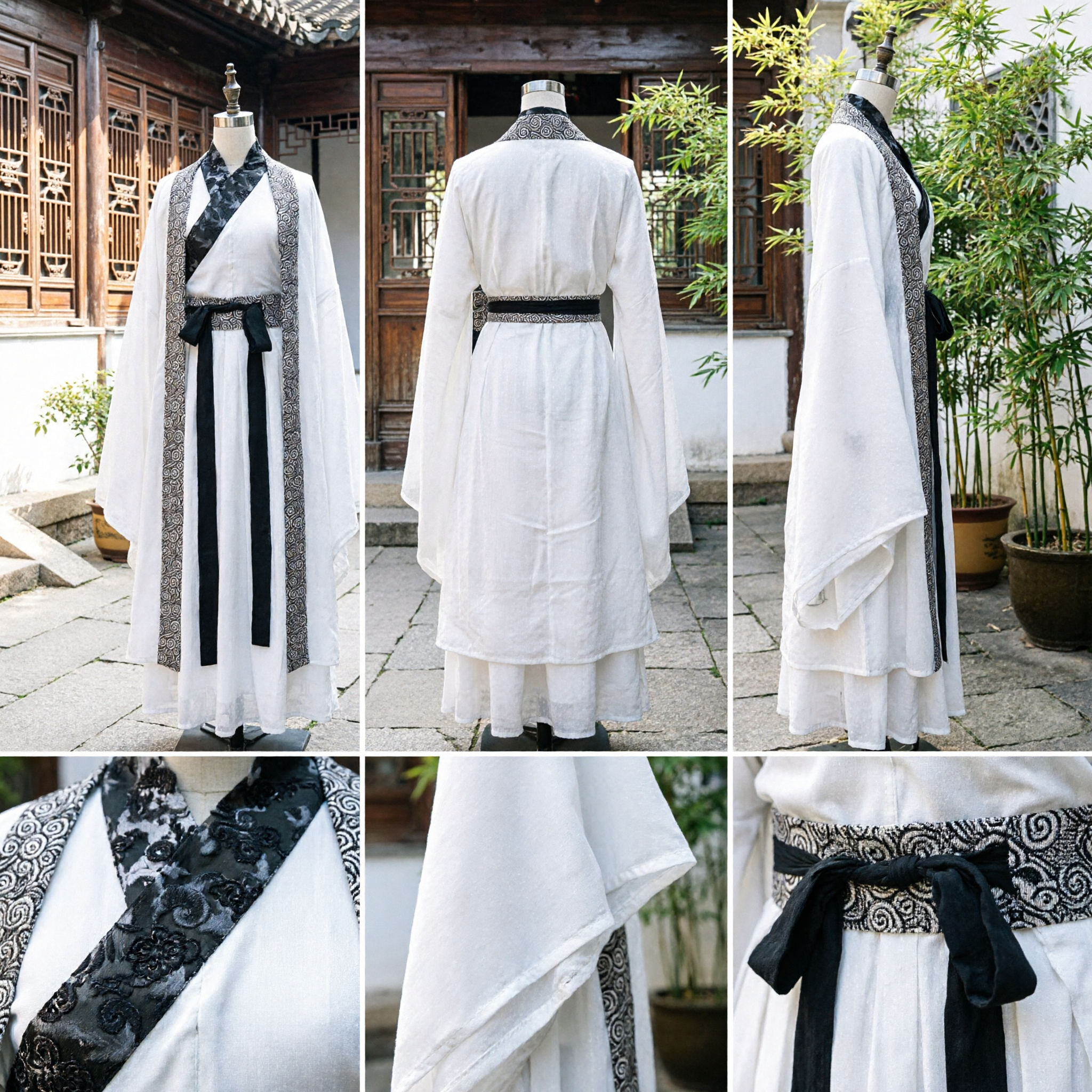 Elegant White Chinese Hanfu Robe Traditional Scholar Costume with Black Trim for Men Cosplay Performance - Asian Costume