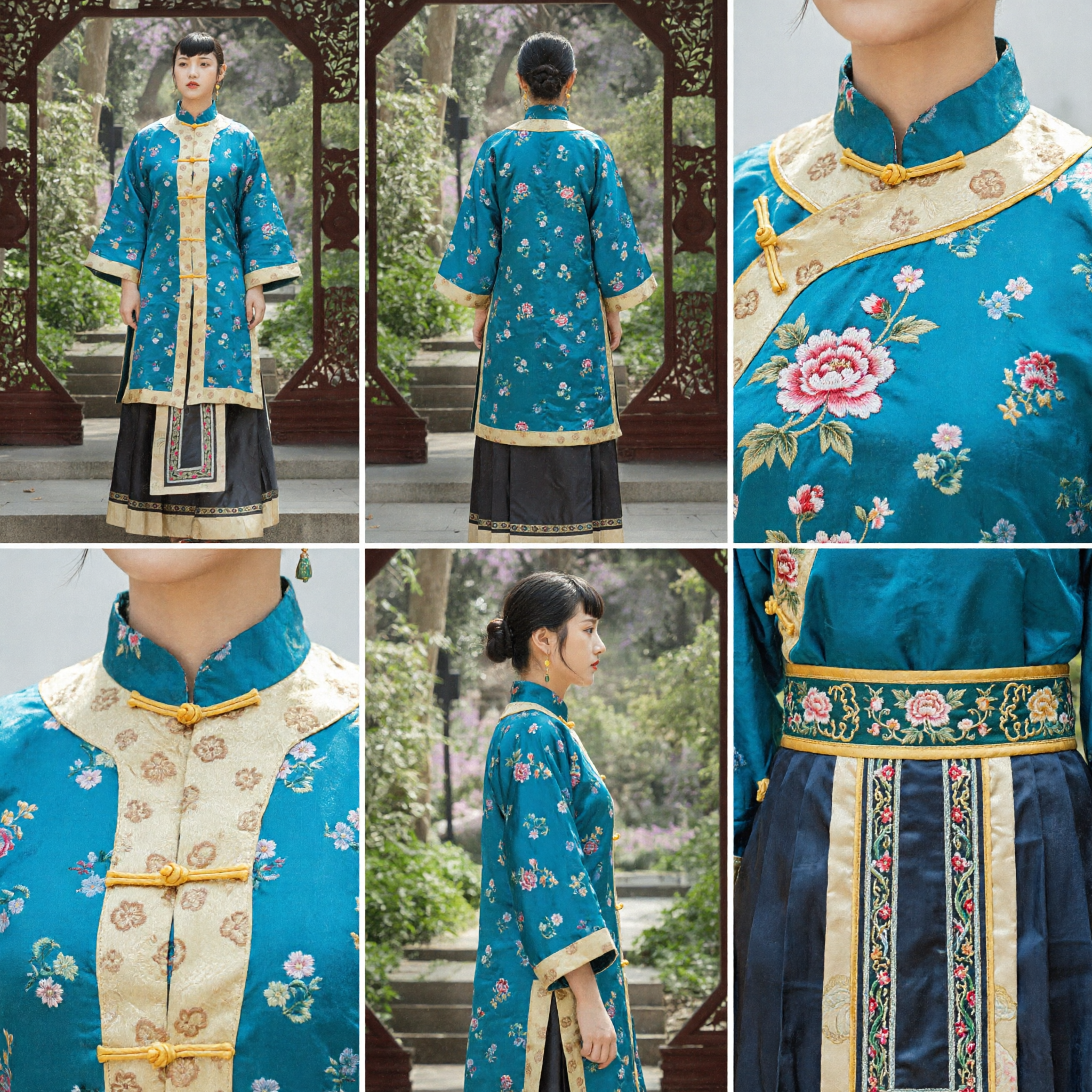 Traditional Chinese Minguo Style Blue Floral Embroidered Ao Qun Jacket and Skirt Set Historical Costume for Women - Asian Costume