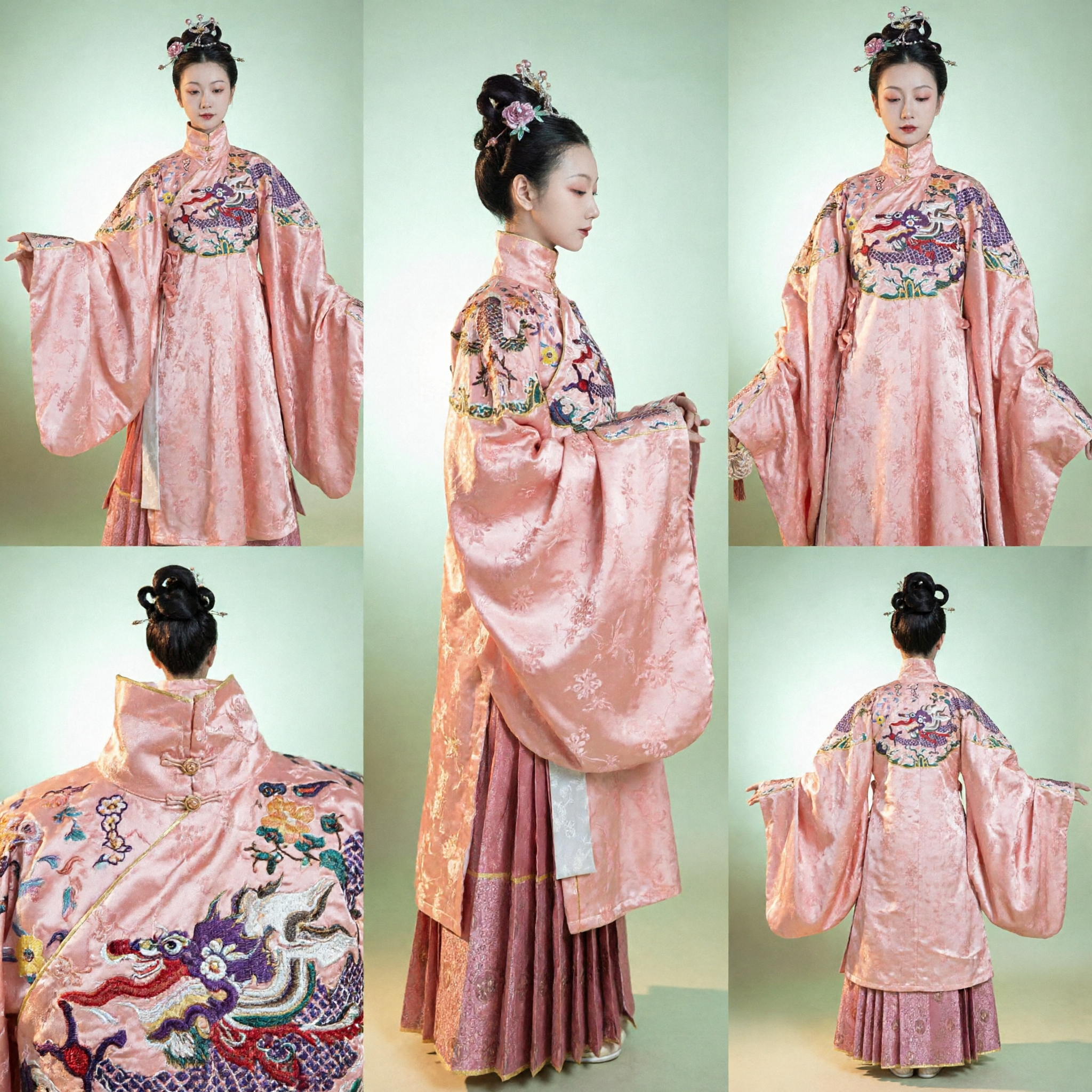 Traditional Chinese Ming Dynasty Hanfu Pink Embroidered Dragon Top and Pleated Skirt Ancient Costume for Women - Asian Costume