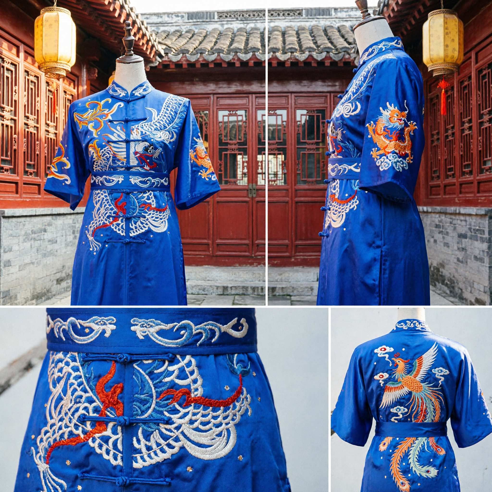Men's Royal Blue Dragon Embroidery Chinese Kung Fu Uniform Traditional Martial Arts Tai Chi Satin Suit - Asian Costume