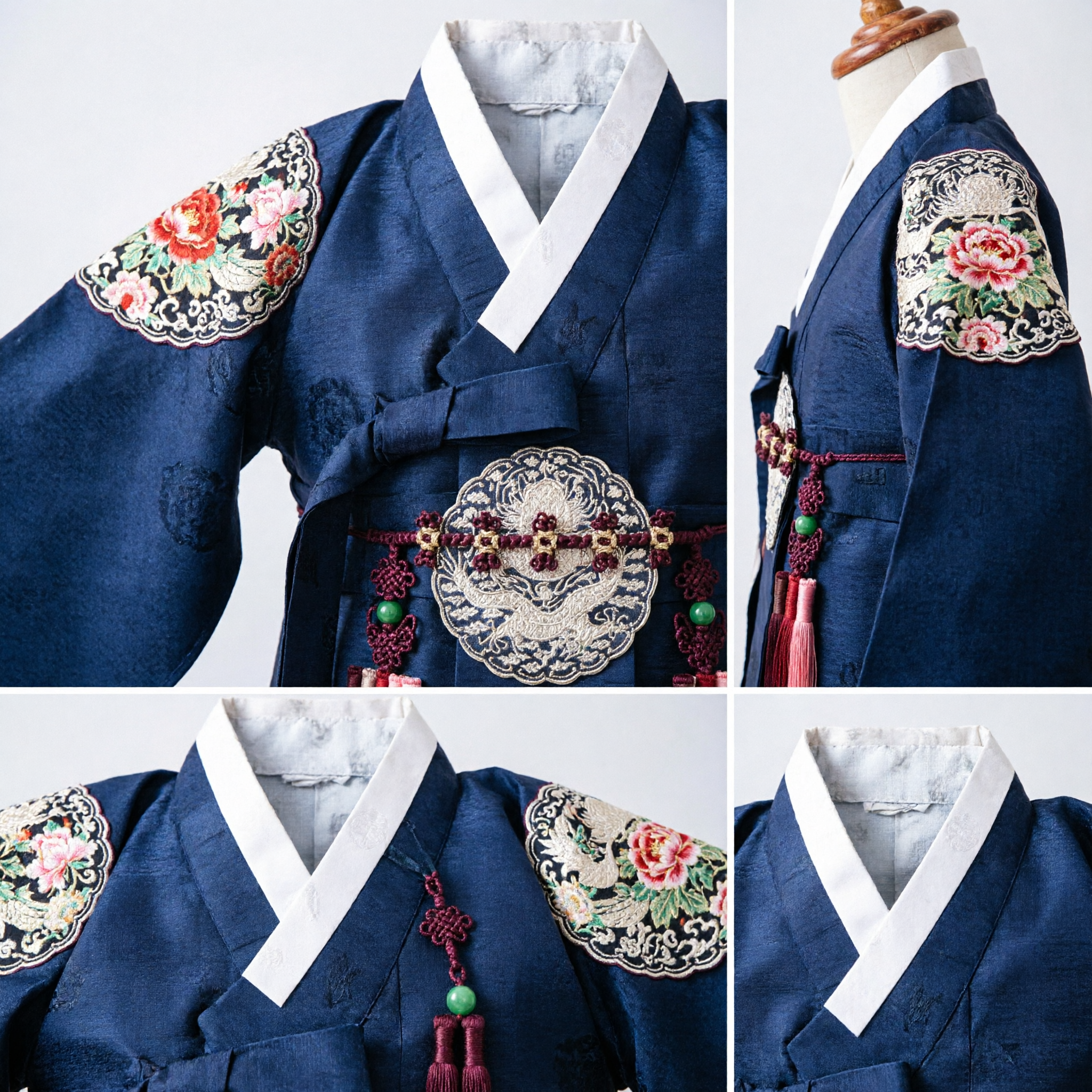 Navy Blue Traditional Korean Hanbok Costume for Kids with Ornate Silver Belt and Tassels for Ceremonies - Asian Costume