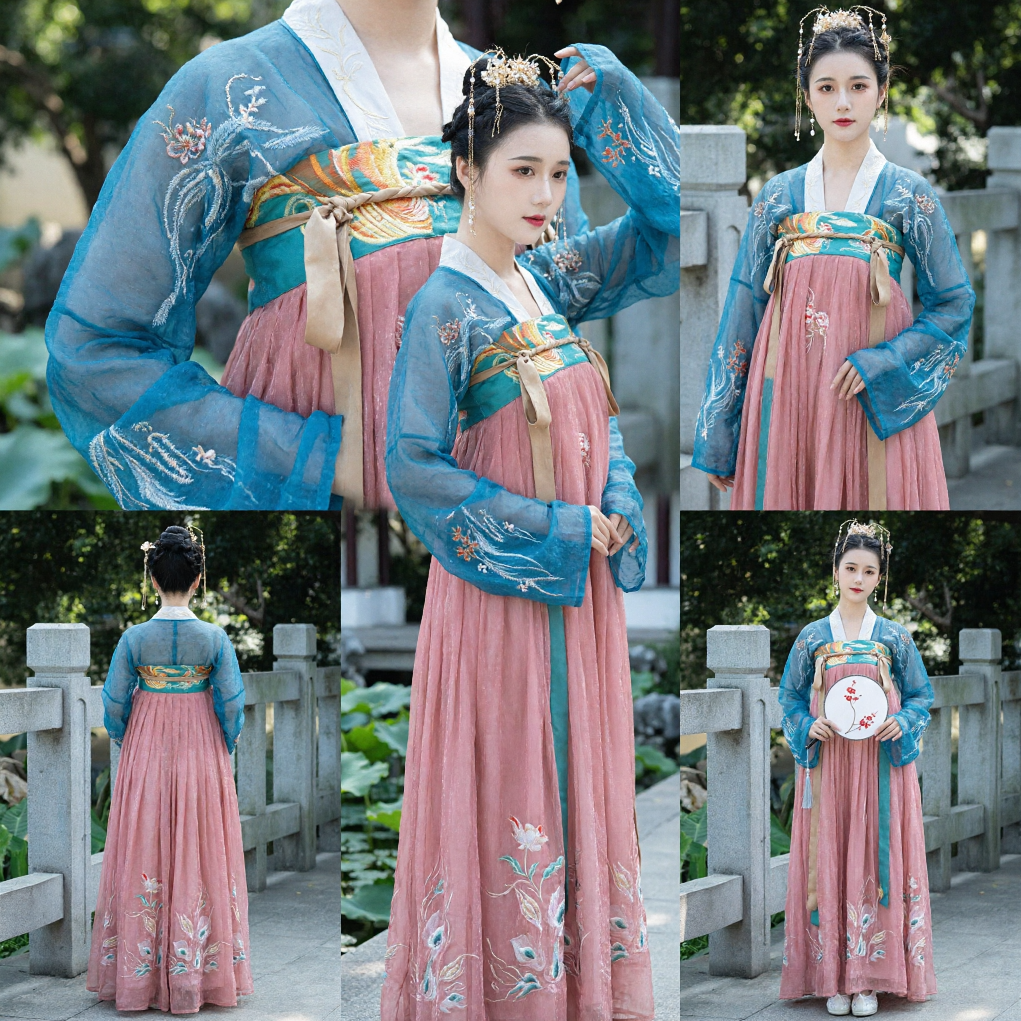 Traditional Chinese Tang Dynasty Hanfu Costume for Women Ancient Embroidered Pink Skirt Blue Sheer Robe Set - Asian Costume