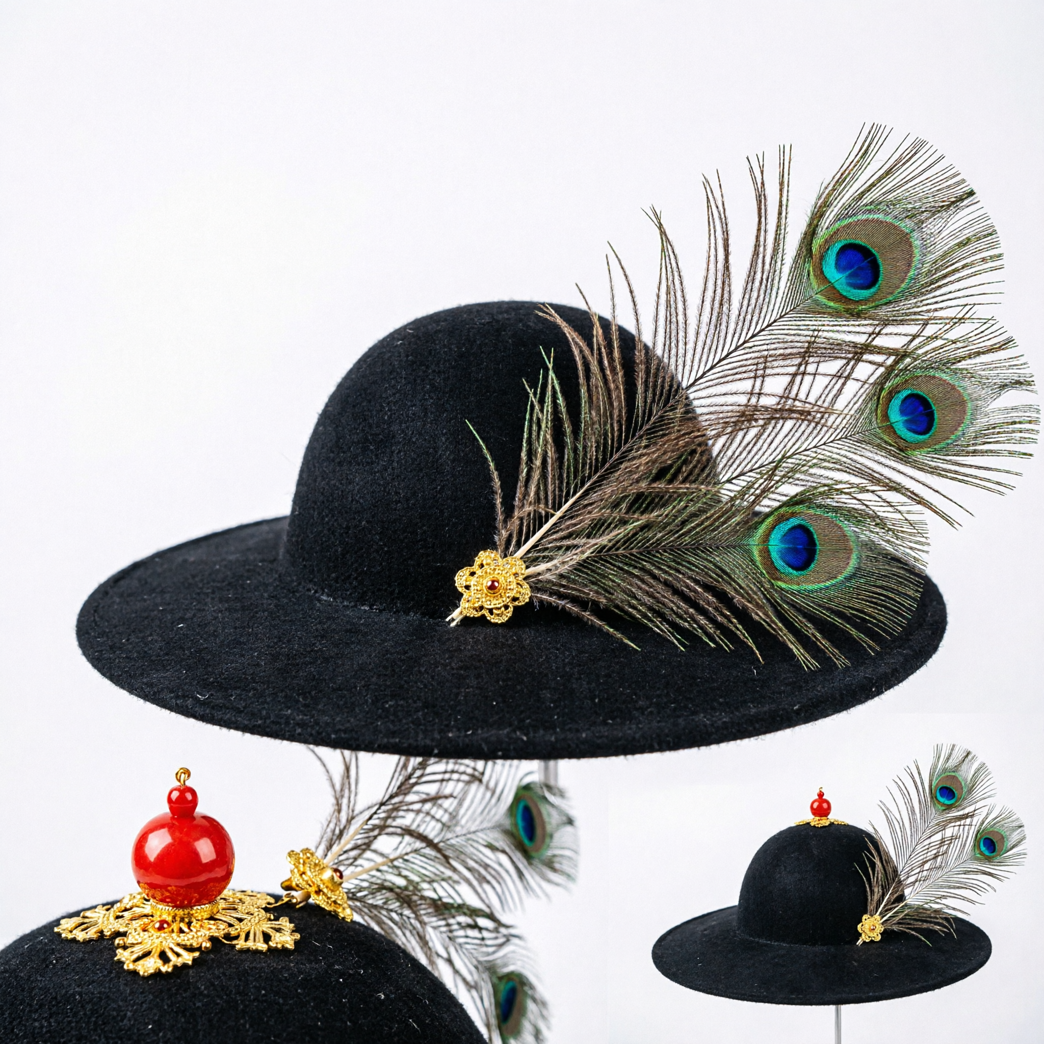 Traditional Ancient Chinese Official Hat with Peacock Feathers Black Wide Brim Cap for Men Hanfu Cosplay Costume - Asian Costume