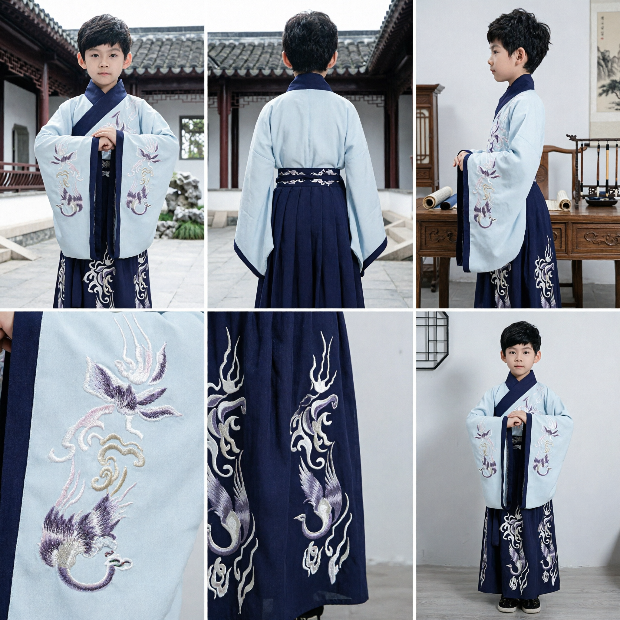 Kids Traditional Chinese Hanfu Costume Boys Ancient Scholar Robe Blue Crane Embroidery Performance Outfit - Asian Costume