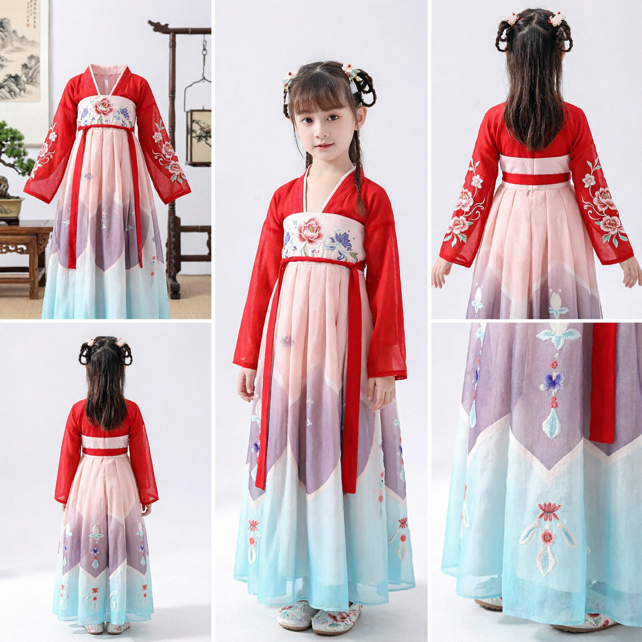 Girls Chinese Traditional Hanfu Costume Kids Ancient Red Embroidery Dress for Festival Performance - Asian Costume