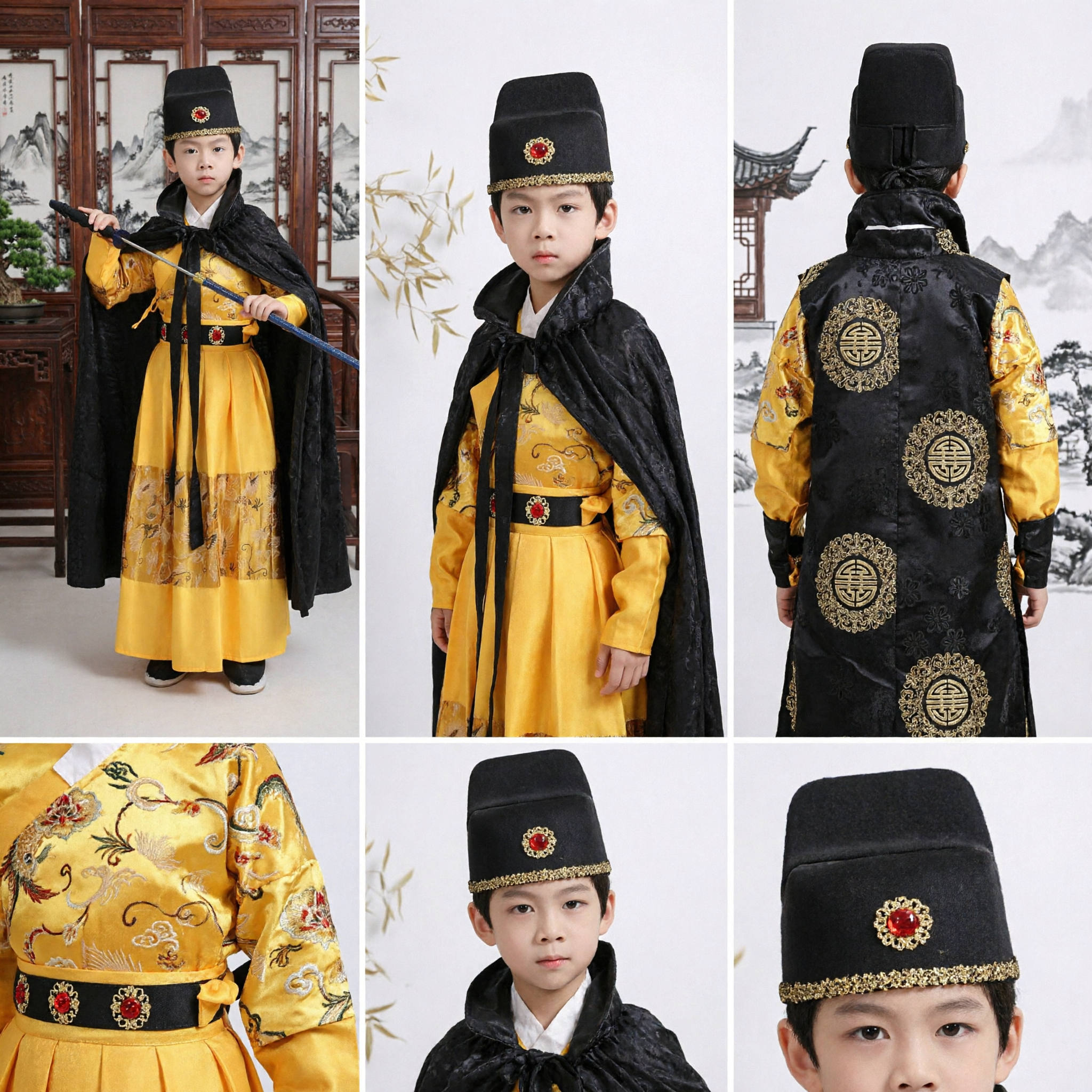 Kids Ancient Chinese Detective Costume Yellow Robe Black Cape Sword Cosplay Outfit for Boys Halloween - Asian Costume