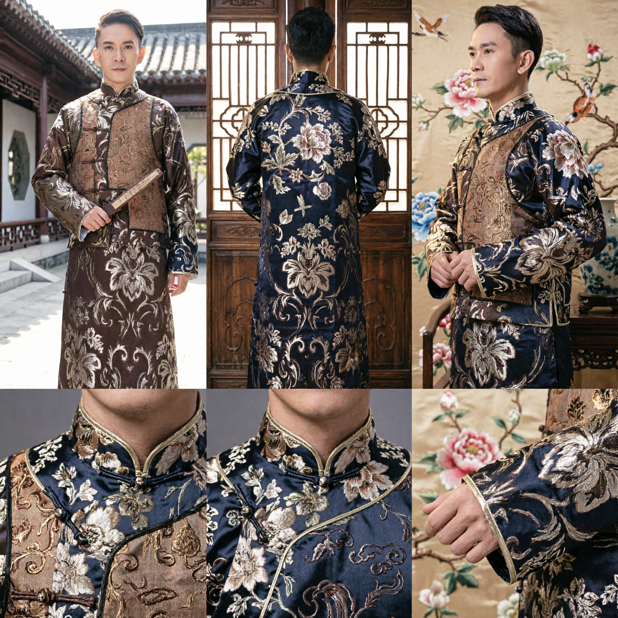 Men's Traditional Chinese Changshan Robe and Magua Jacket Set Brown Floral Brocade Republic of China Costume - Asian Costume