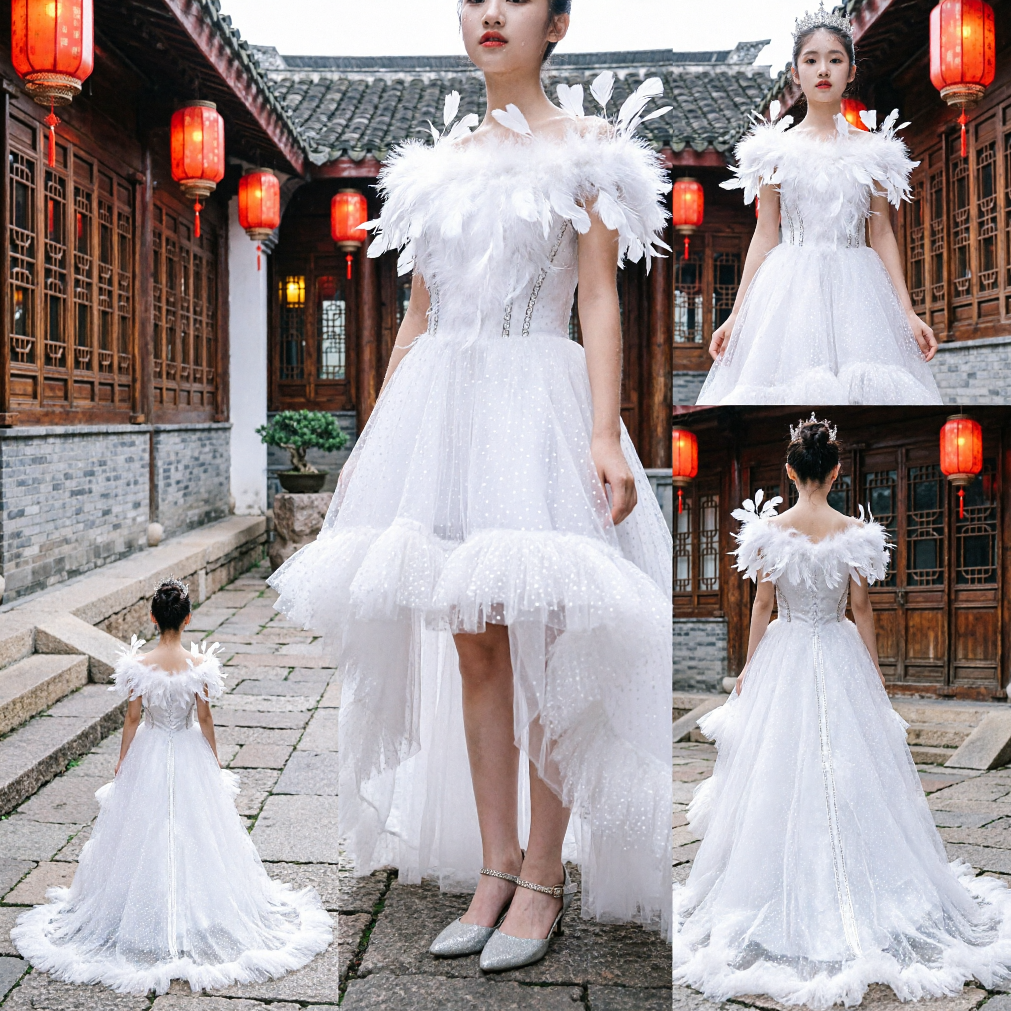 Elegant White Feather Princess Dress High-Low Tulle Ball Gown for Flower Girl Wedding Pageant Performance - Asian Costume