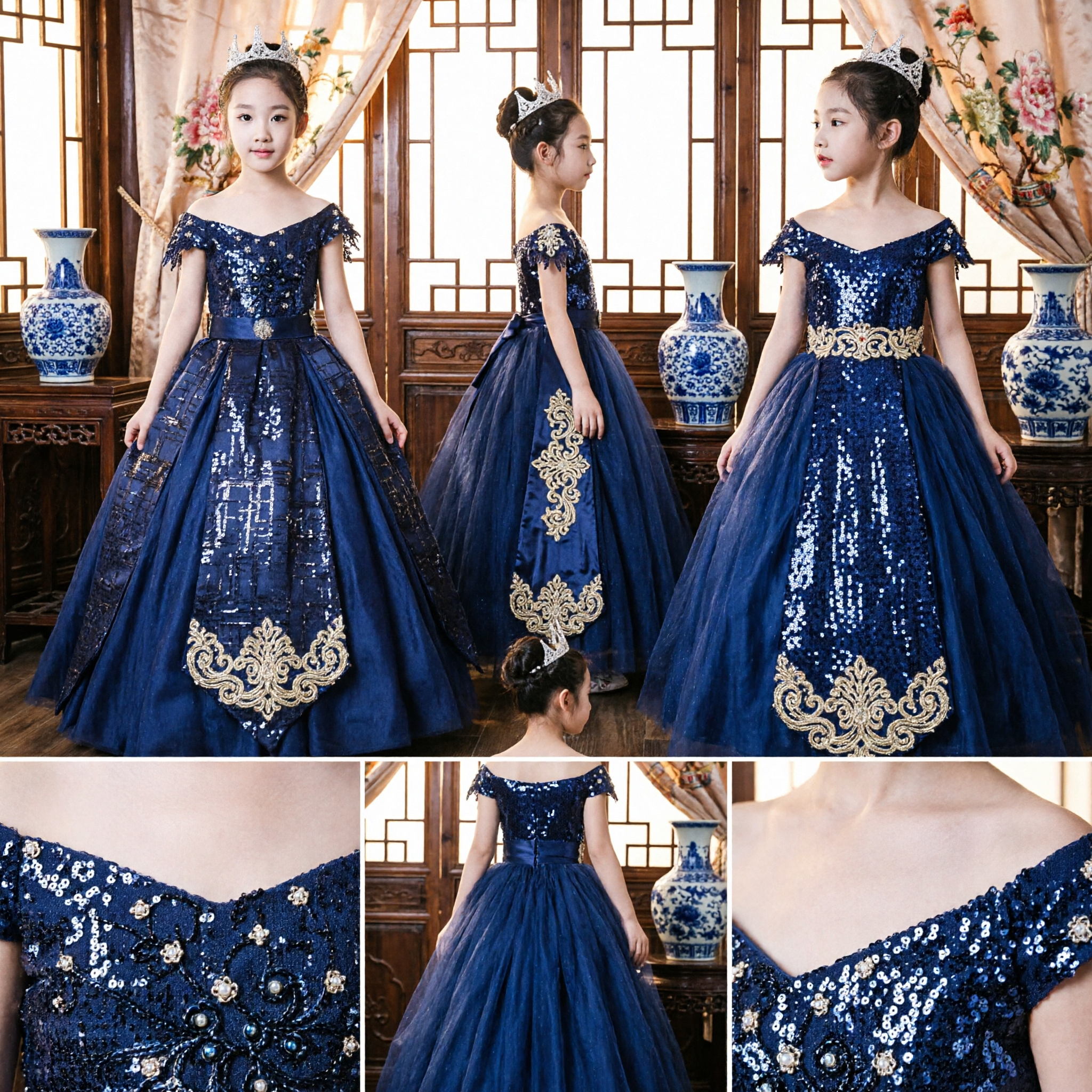 Navy Blue Off-Shoulder Sequin Ball Gown for Girls Flower Girl Wedding Pageant Formal Party Dress - Asian Costume