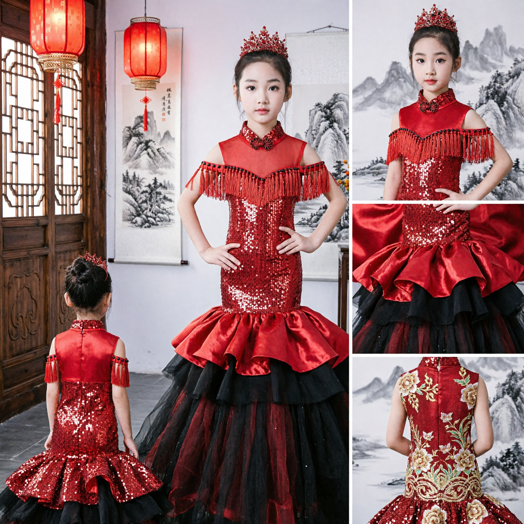 Kids Girls Red Sequin Mermaid Gown Formal Stage Host Performance Dress with Fringe - Asian Costume