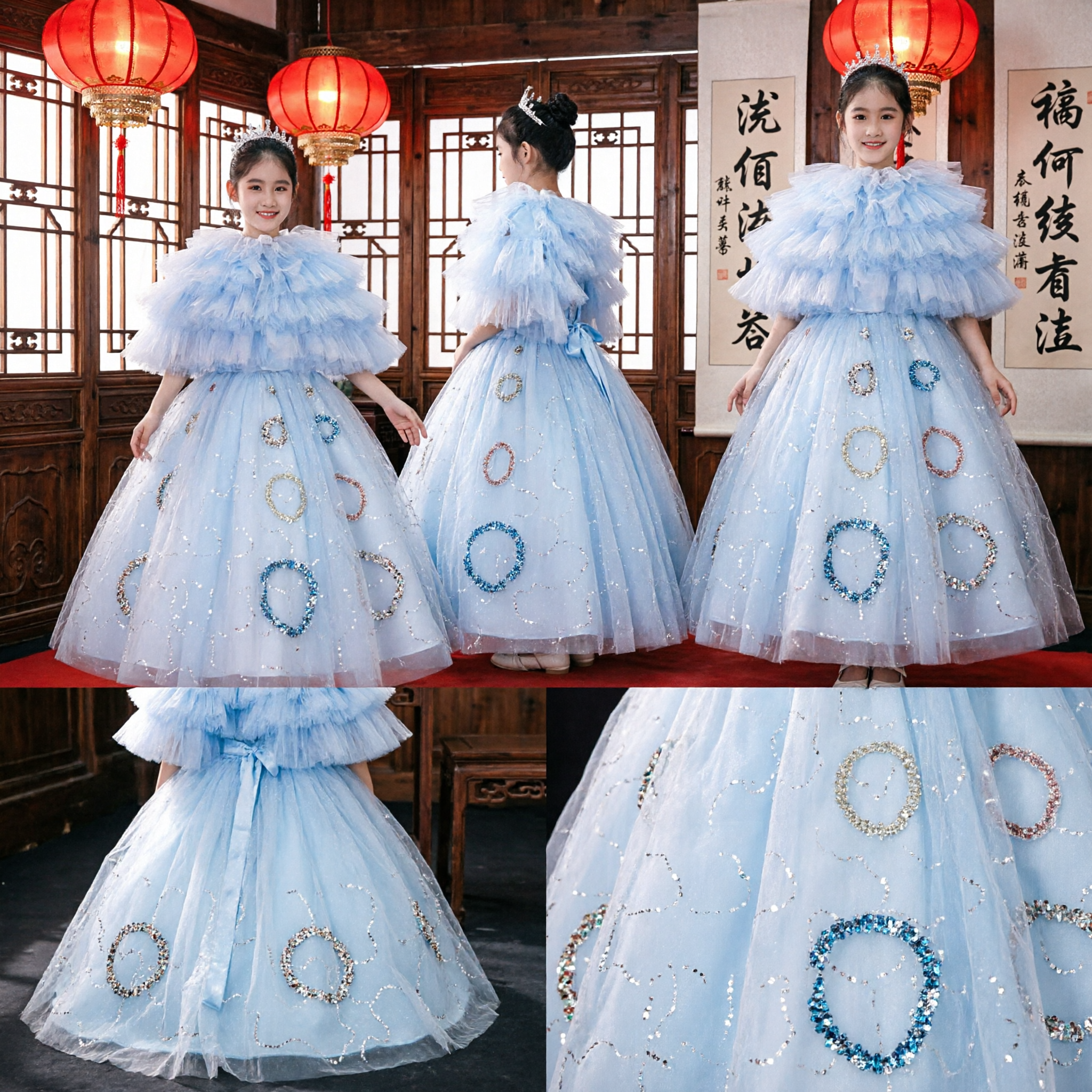 Girls Light Blue Ruffled Tulle Ball Gown Princess Dress for Pageants Weddings and Formal Performances - Asian Costume