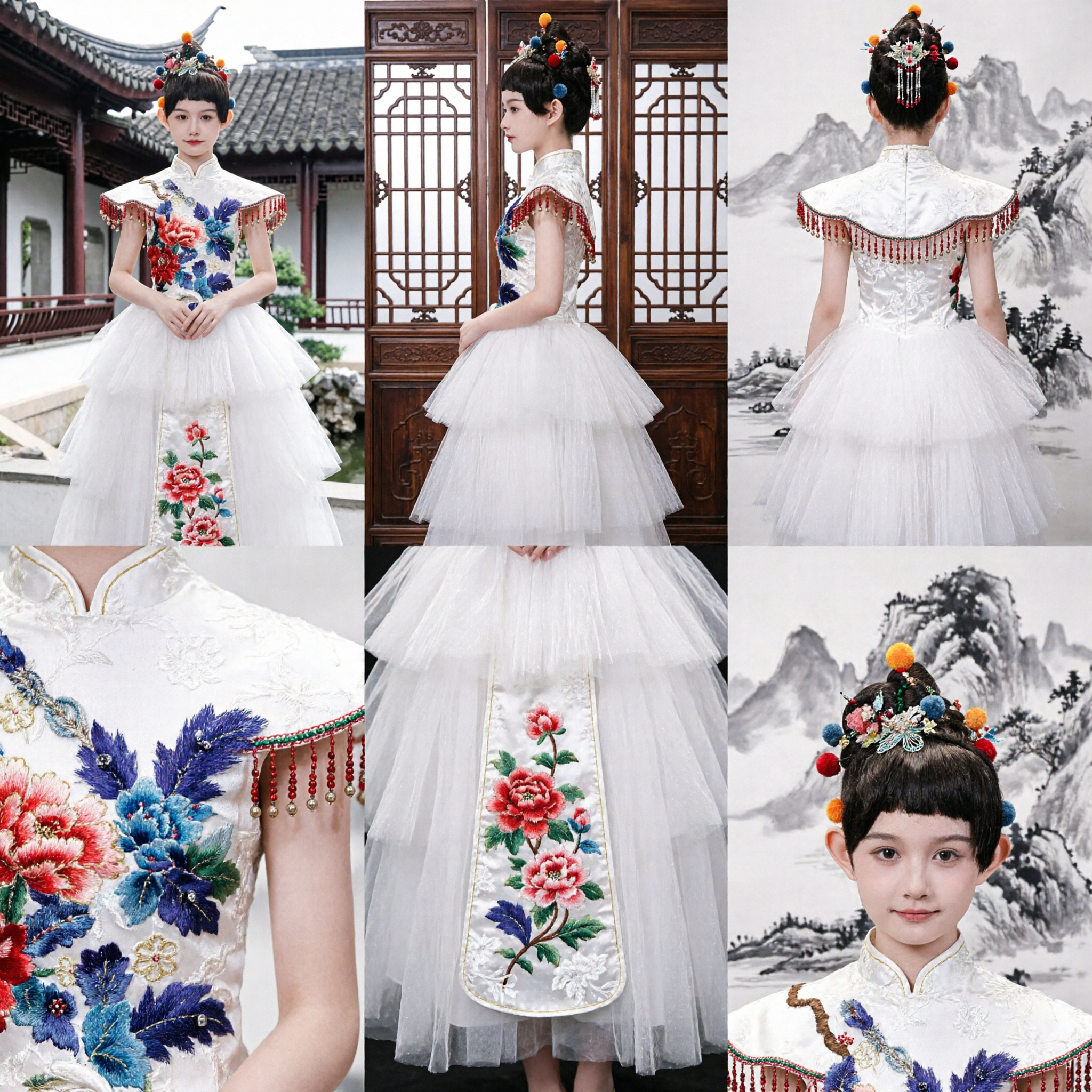 Elegant Chinese Cheongsam Dress for Girls with Floral Embroidery and Long White Tulle Skirt for Stage Performance - Asian Costume