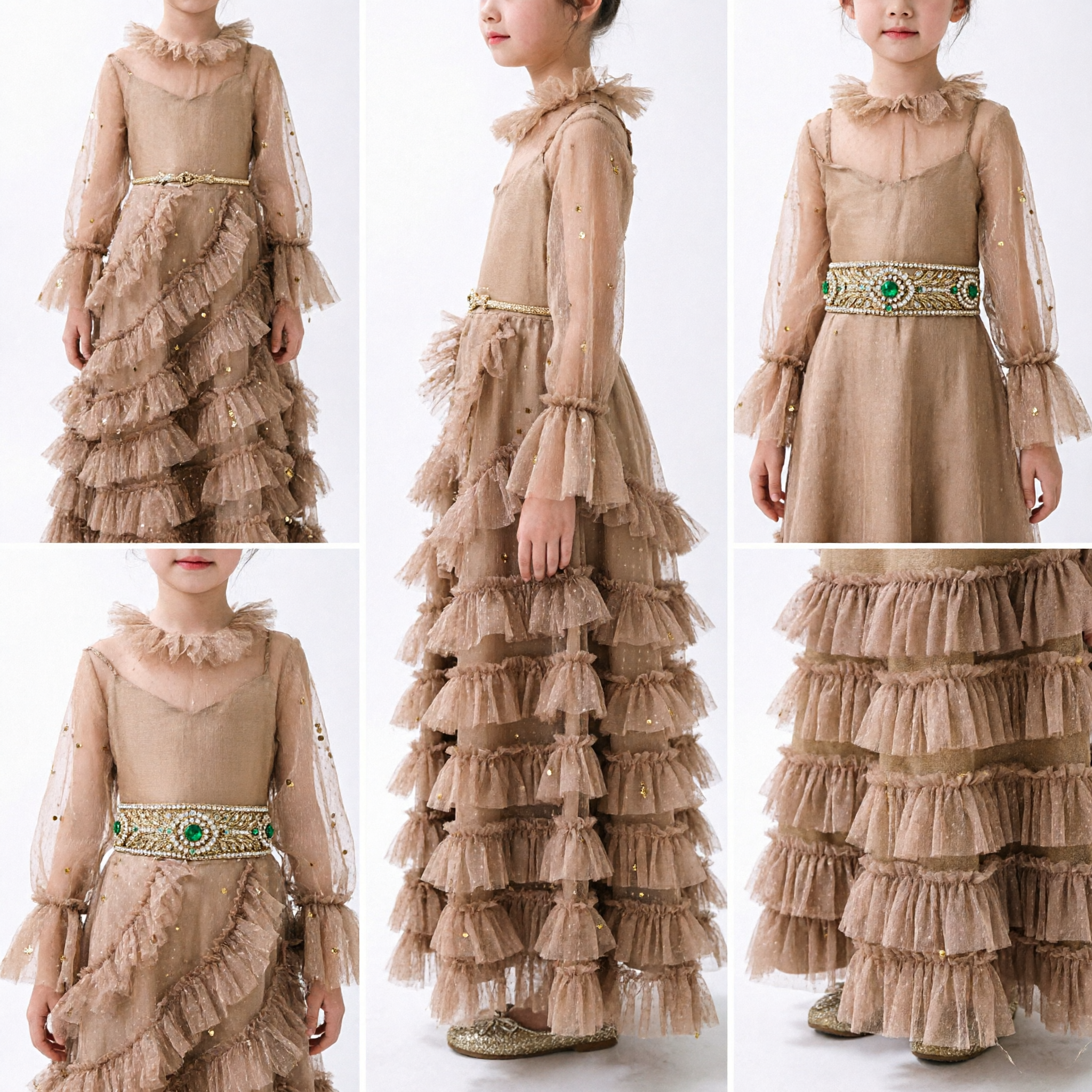 Elegant Girls Champagne Gold Long Sleeve Tiered Ruffle Gown for Formal Party and Stage Performance - Asian Costume