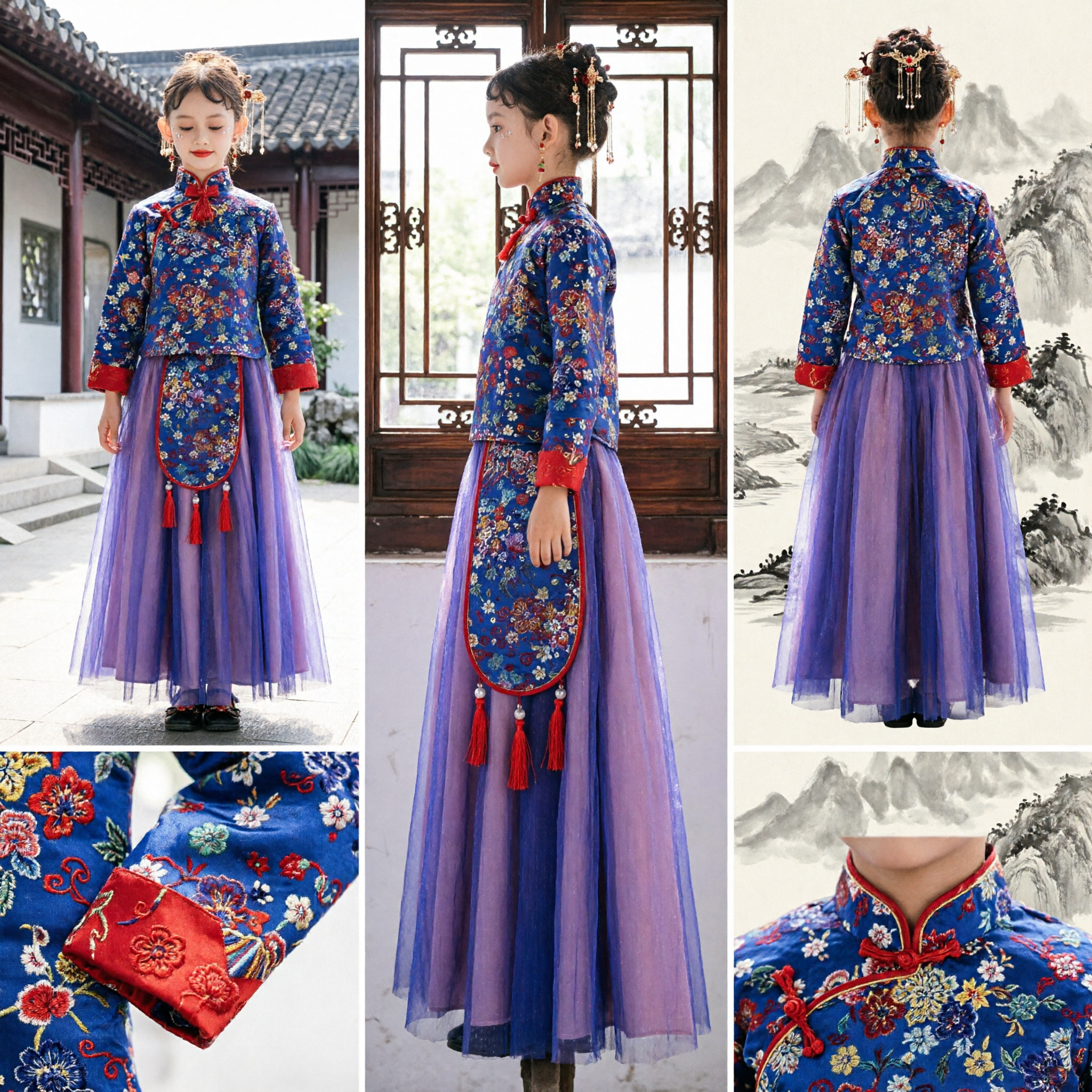 Traditional Chinese Hanfu Dress for Girls Kids Floral Tang Suit Top Purple Tulle Skirt Festival Costume - Asian Costume