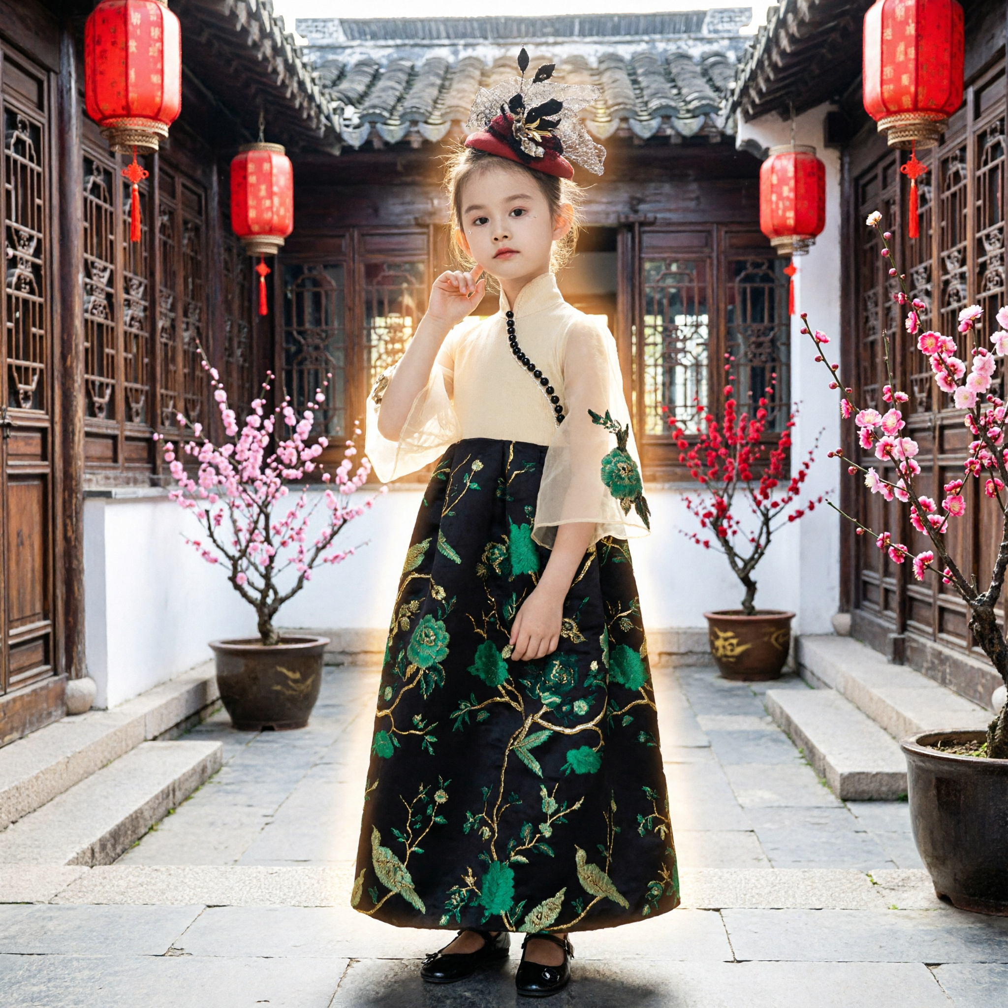 Chinese Traditional Hanfu Dress for Girls Kids Floral Print Skirt Tang Suit Top Performance Costume - Asian Costume