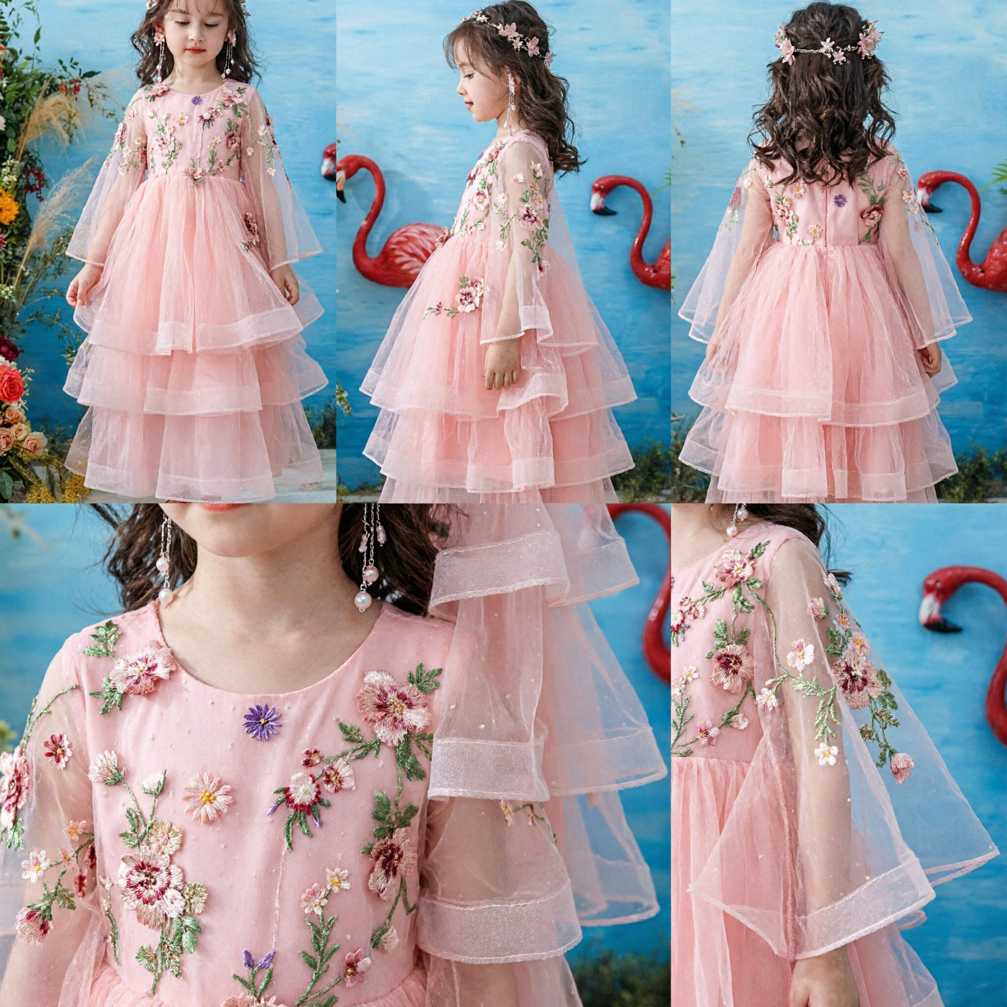 Elegant Pink Floral Embroidery Long Tulle Princess Dress for Girls Flower Girl Wedding Party Gown - Asian Costume