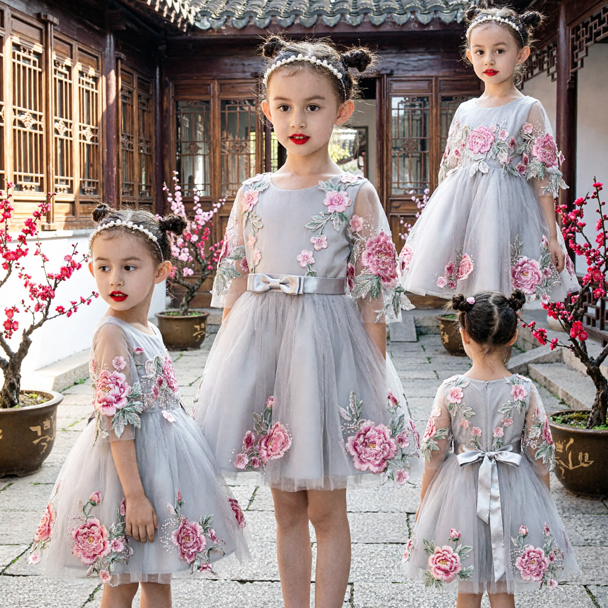 Elegant Girls Floral Embroidery Tulle Dress Princess Style Formal Wedding Party Flower Girl Gown - Asian Costume