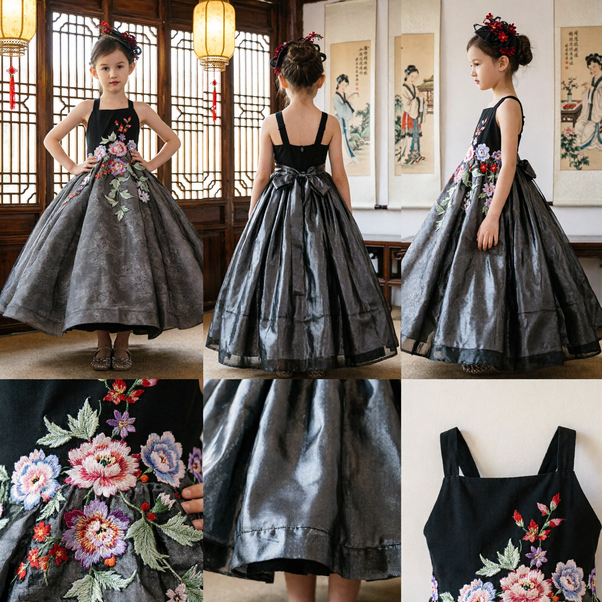 Elegant Girls Floral Embroidery Ballgown Black Halter Grey Skirt Formal Wedding Party Evening Dress - Asian Costume