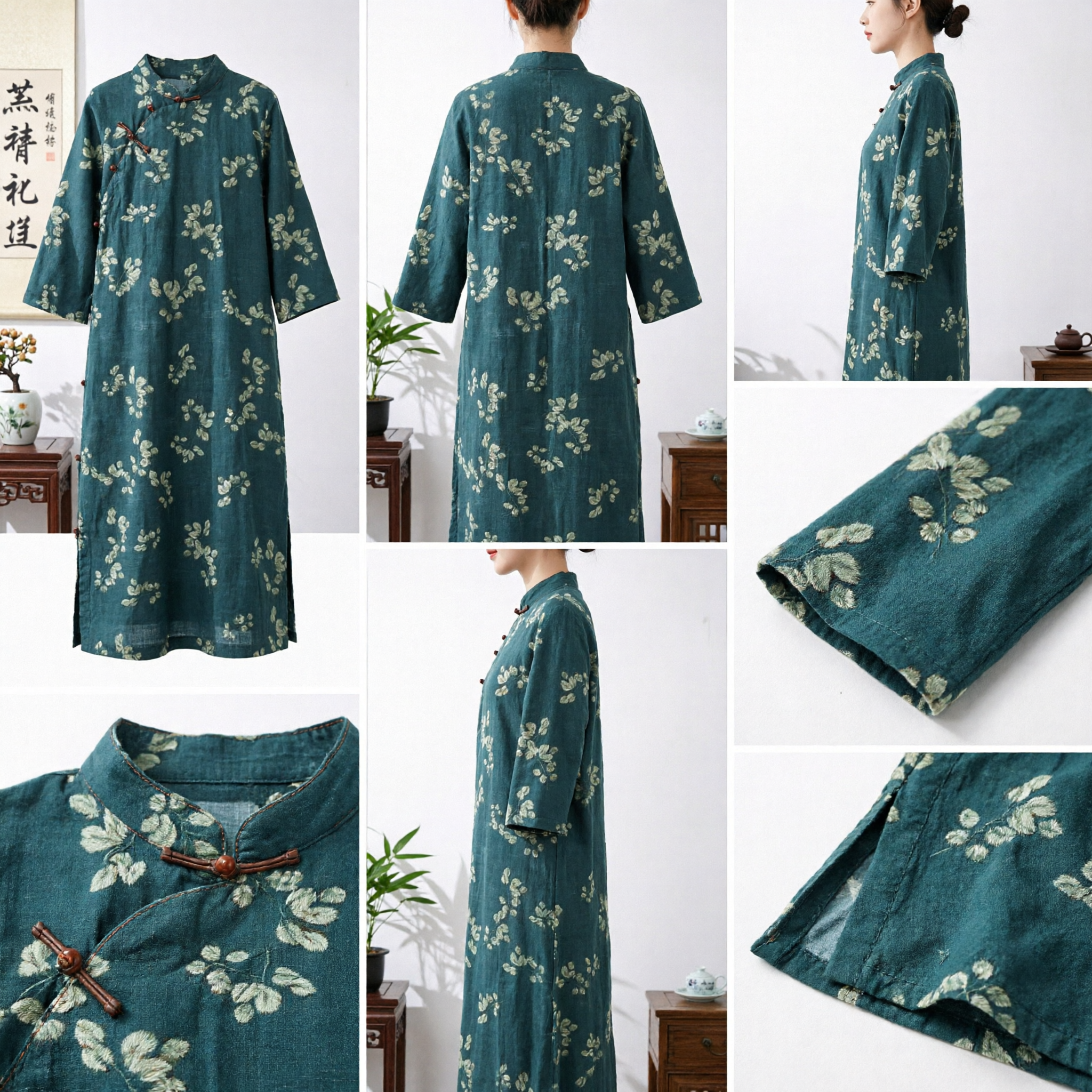 Traditional Chinese Cheongsam Dress for Women Vintage Floral Linen Qipao Robe with Mandarin Collar - Asian Costume
