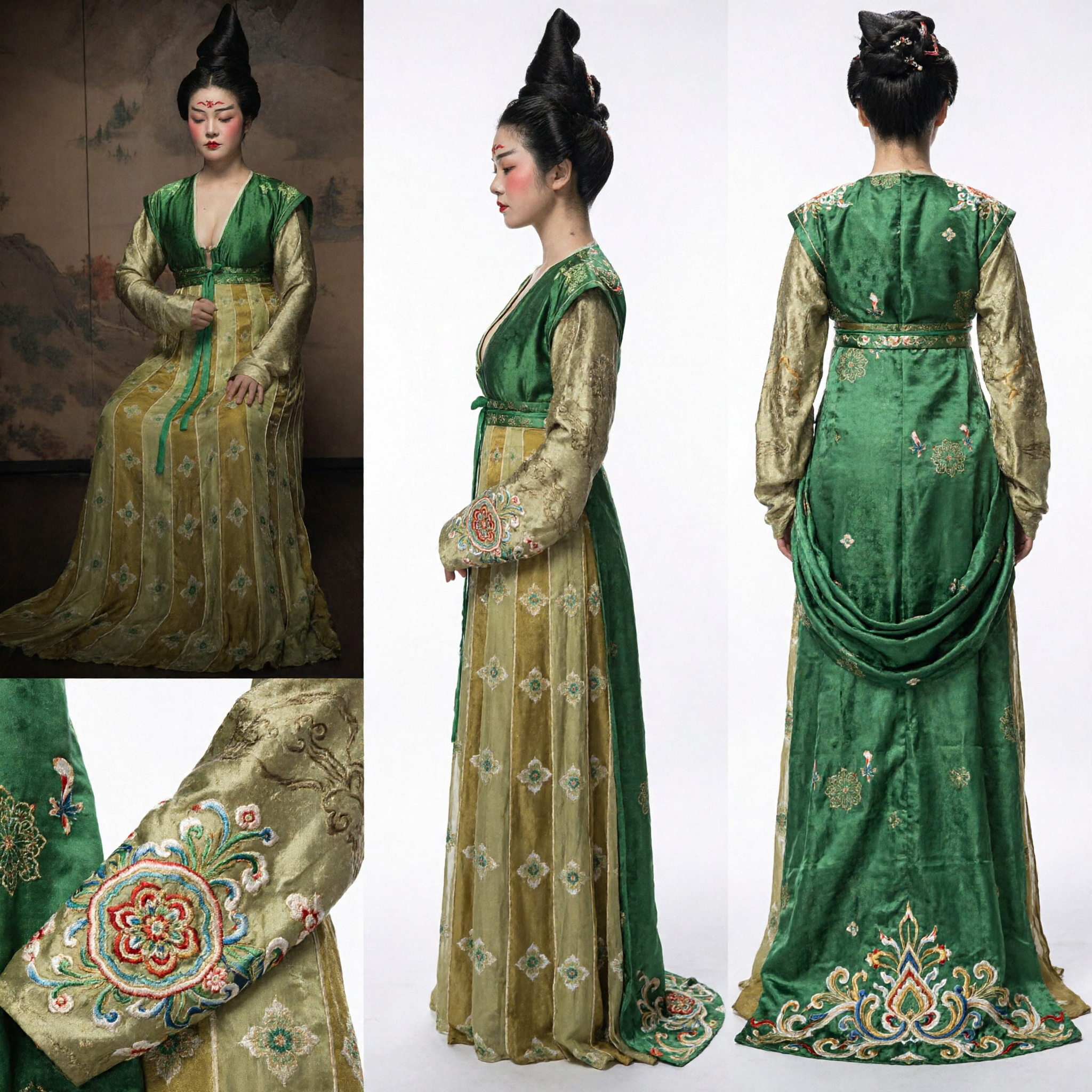 Ancient Chinese Tang Dynasty Palace Lady Green and Gold Hanfu Dress Traditional Costume for Women - Asian Costume