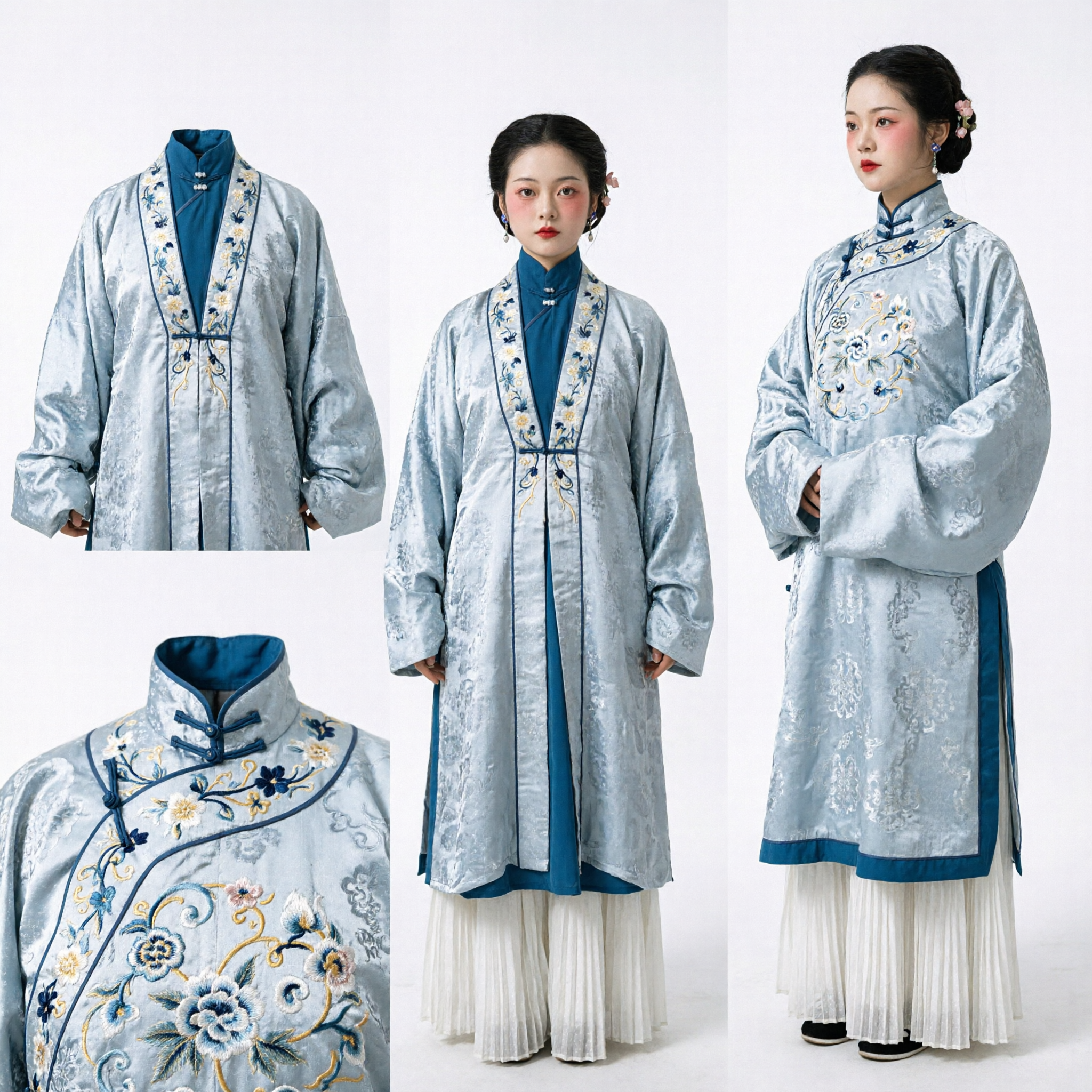 Traditional Chinese Ming Dynasty Hanfu Costume for Women Elegant Grey Embroidered Robe and Pleated Skirt Set - Asian Costume