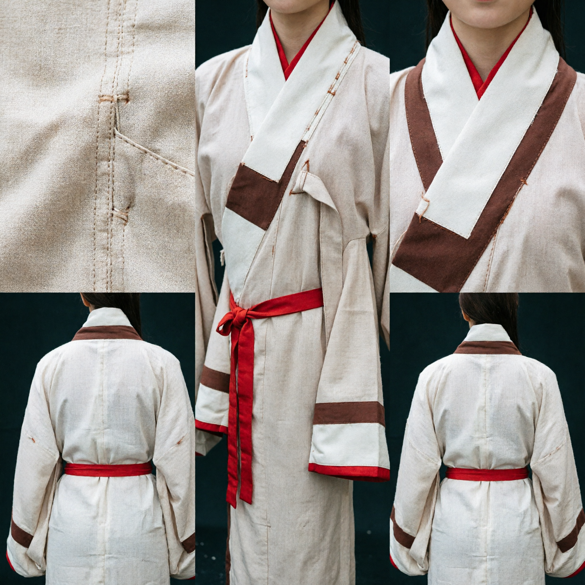 Traditional Chinese Hanfu Ancient Han Dynasty Cross-Collar Robe Cream Brown Red Trim Women's Historical Costume - Asian Costume