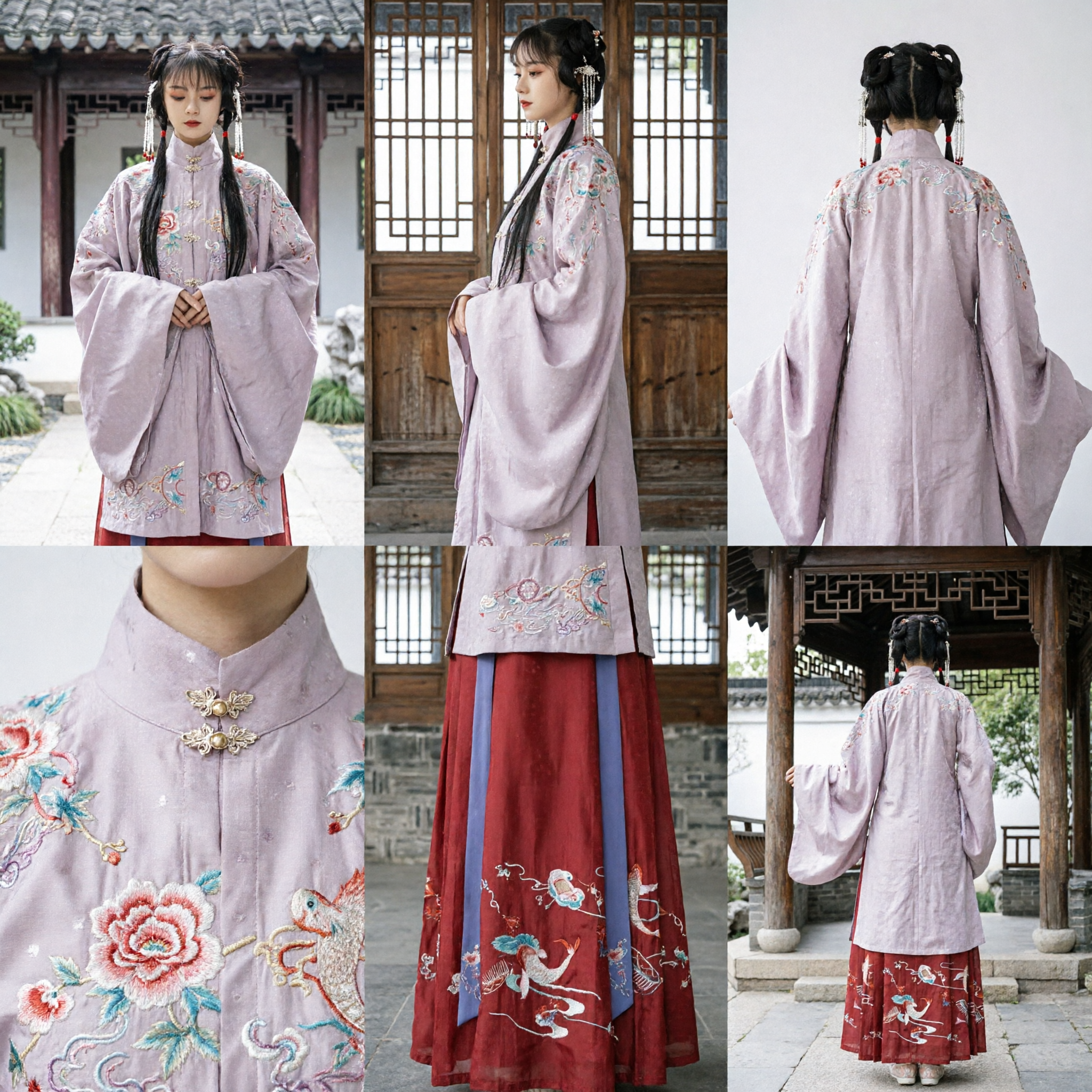 Traditional Chinese Hanfu Ming Dynasty Style Purple Standing Collar Top and Red Embroidered Skirt Set for Women - Asian Costume