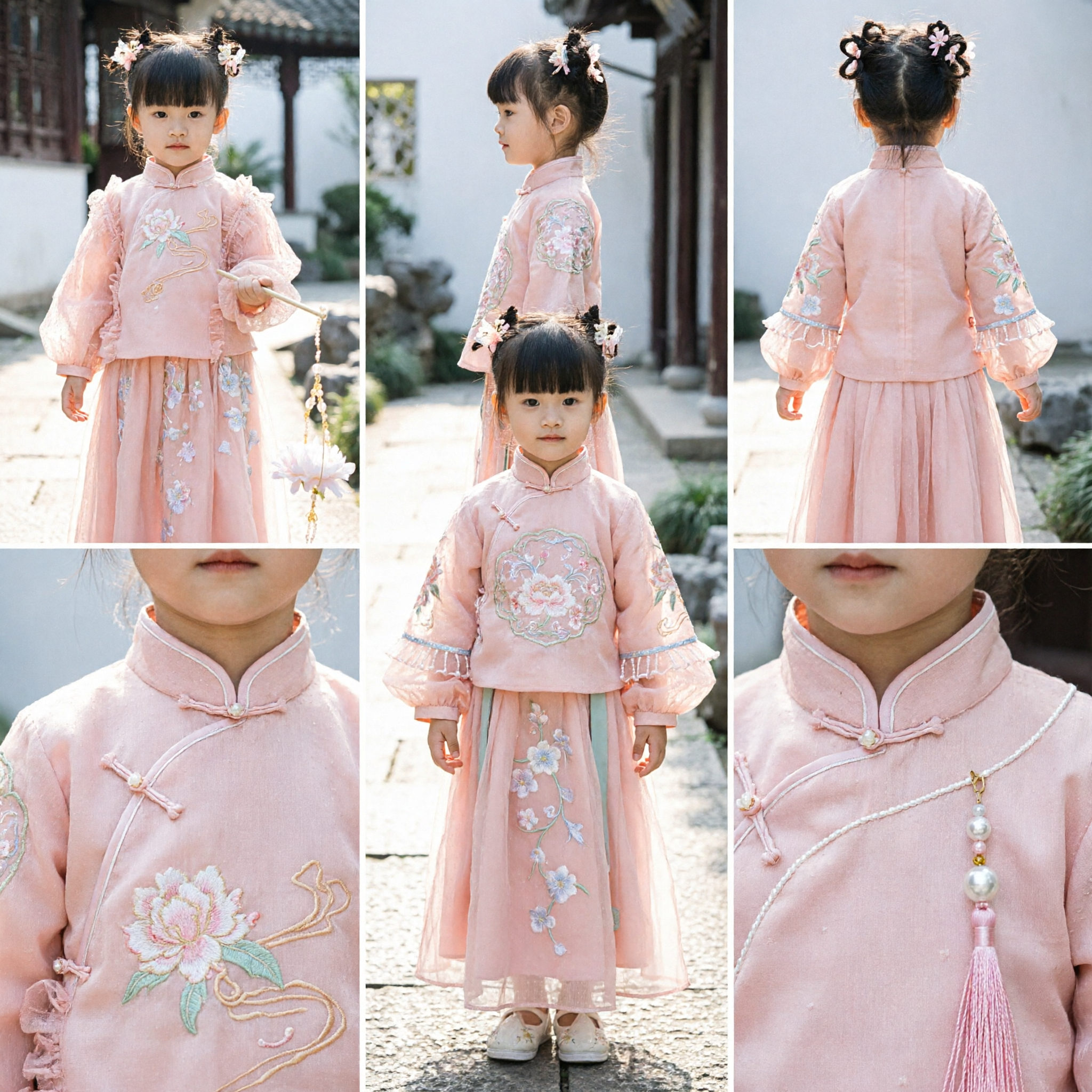 Girls Pink Traditional Hanfu Dress Chinese Embroidery Ruffle Sleeve Outfit for Festival Wedding - Asian Costume