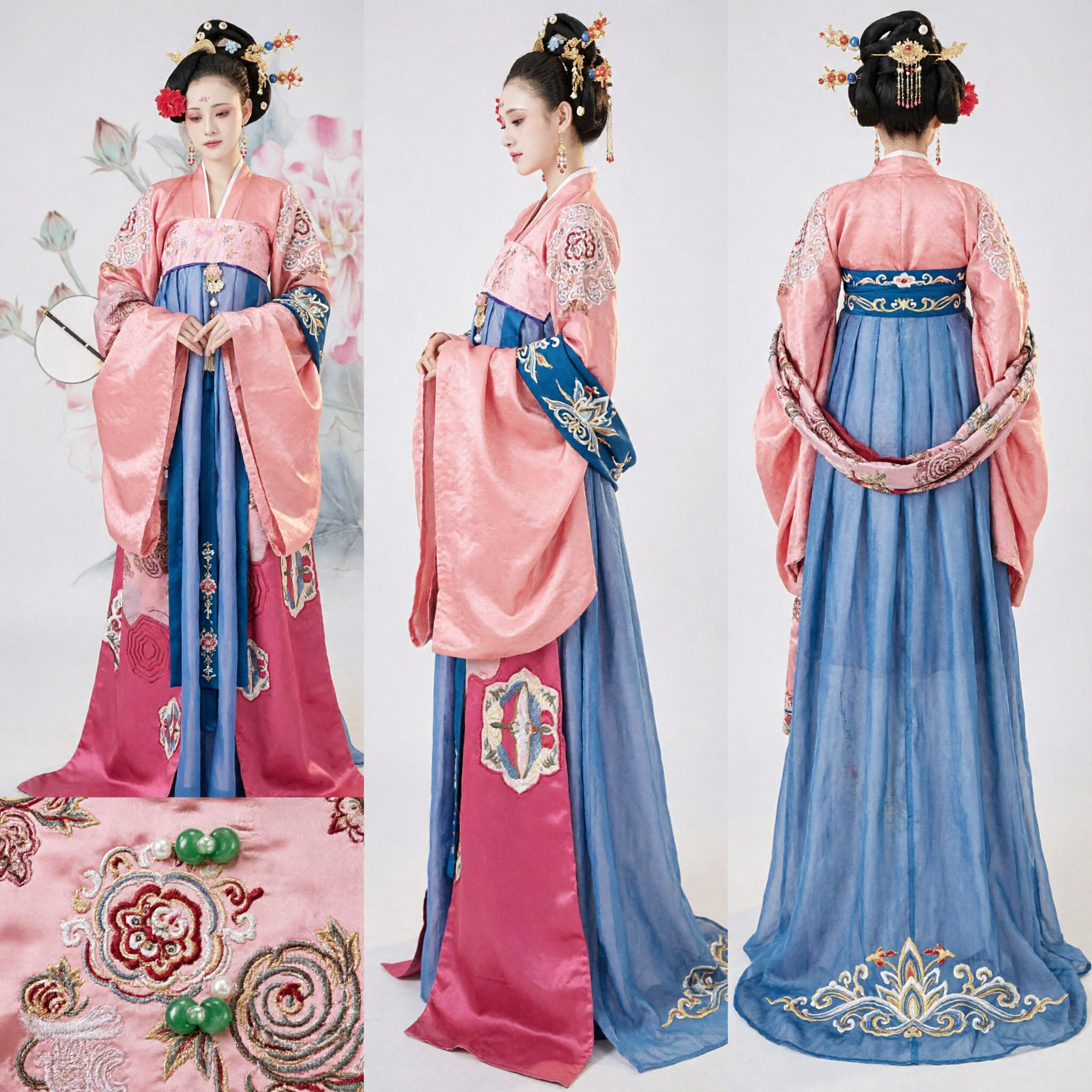 Traditional Chinese Tang Dynasty Palace Lady Hanfu Costume Pink and Blue Embroidered Dress for Women - Asian Costume