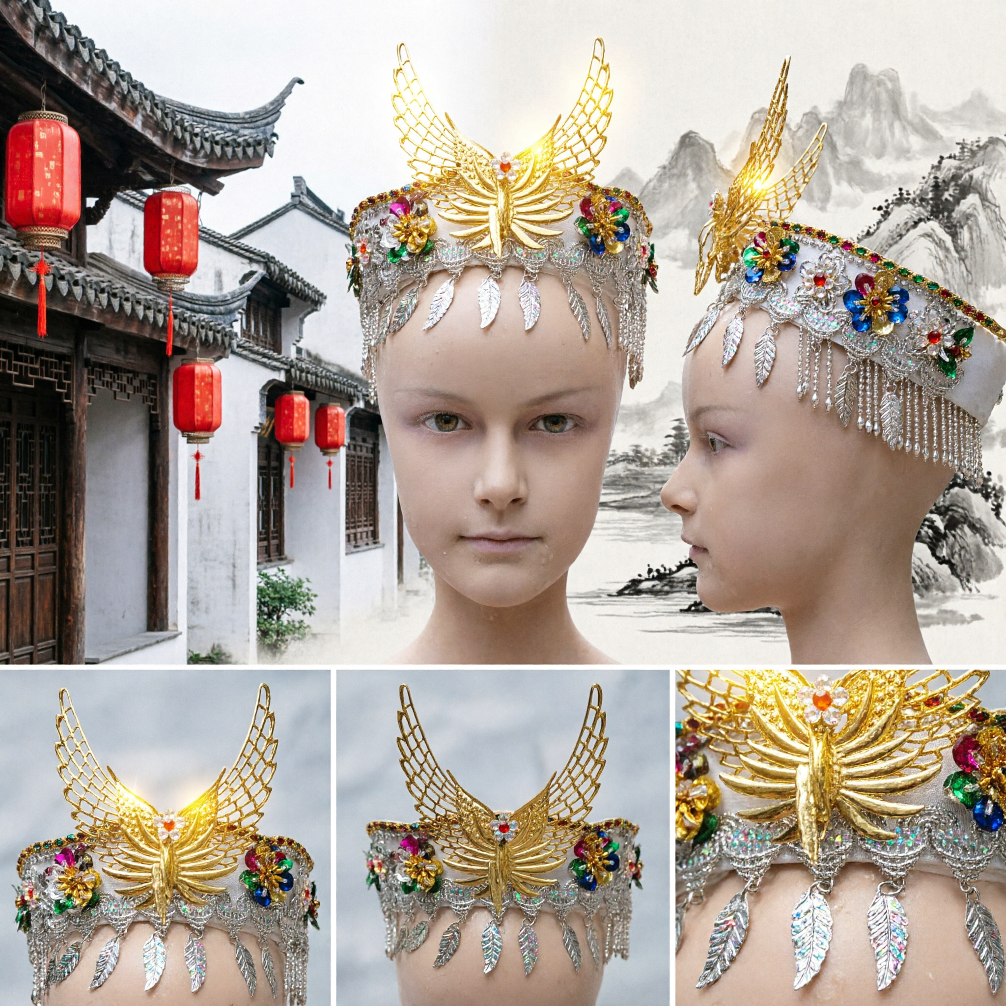 Traditional Chinese Phoenix Crown Golden Bird Headpiece with Rhinestones for Opera Folk Dance Costume - Asian Costume