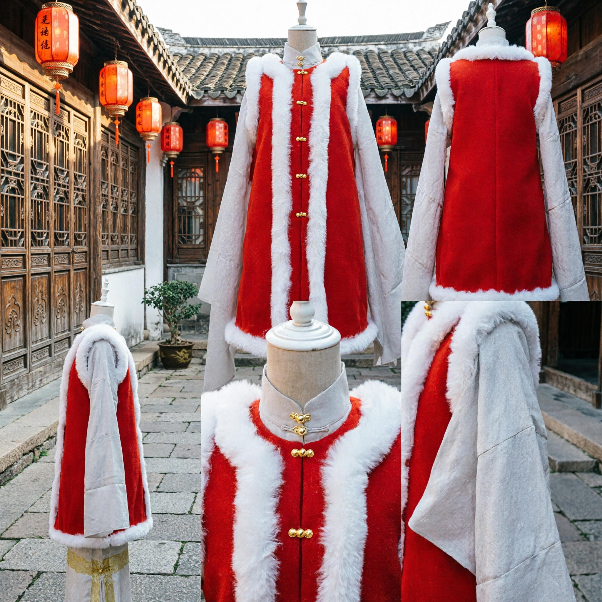 Traditional Chinese Red Fur Trim Vest Hanfu Winter Costume for Lunar New Year Celebration - Asian Costume