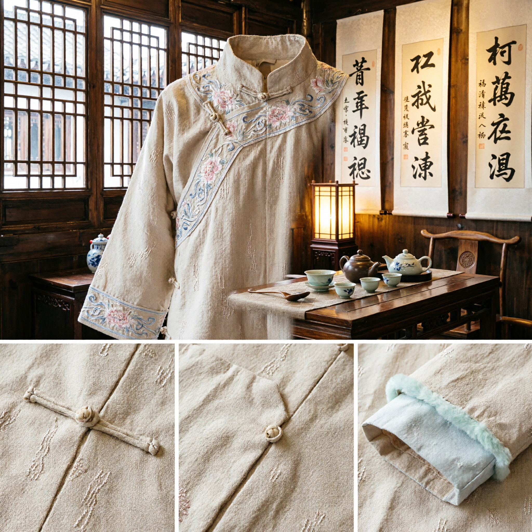 Traditional Chinese Hanfu Winter Padded Jacket with White Fur Trim Beige Ancient Costume for Women - Asian Costume