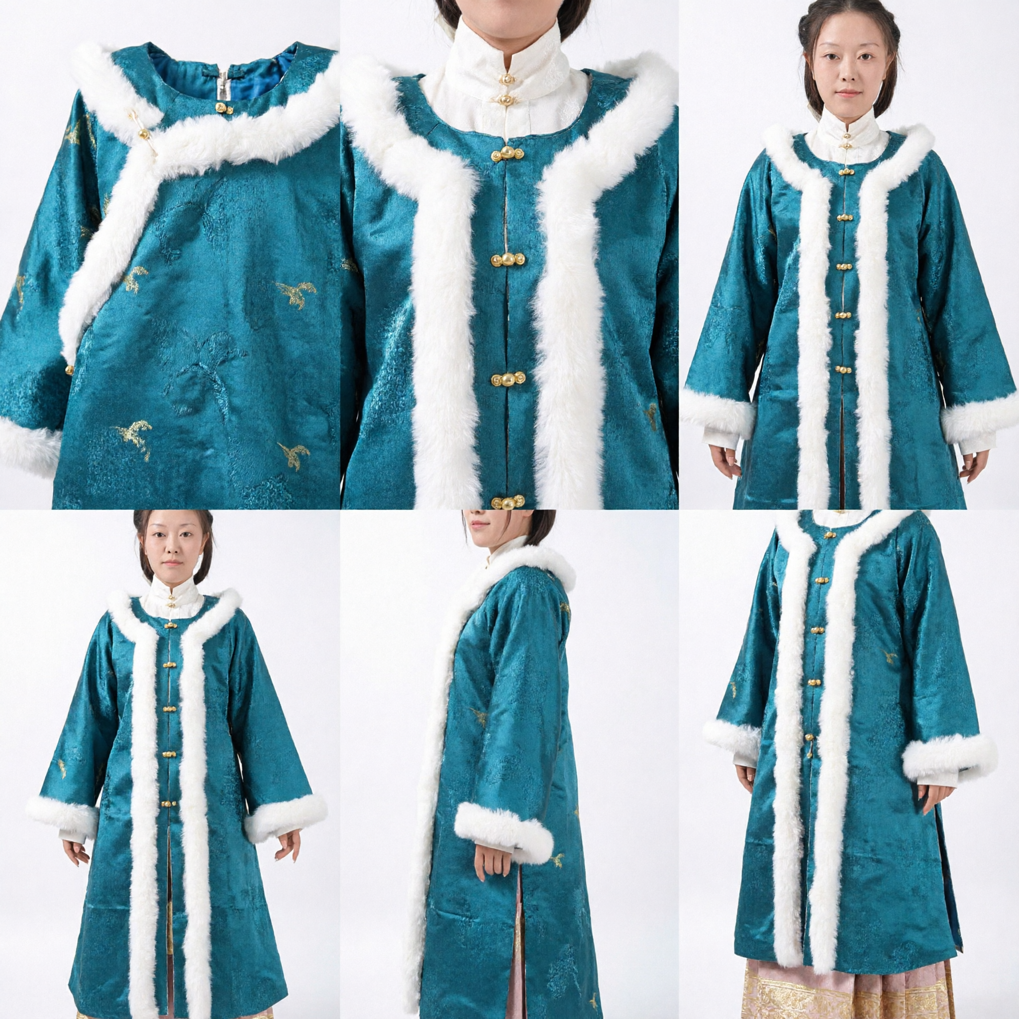 Traditional Chinese Hanfu Winter Cloak Teal Blue Brocade Cape with White Fur Trim for Women Historical Costume - Asian Costume