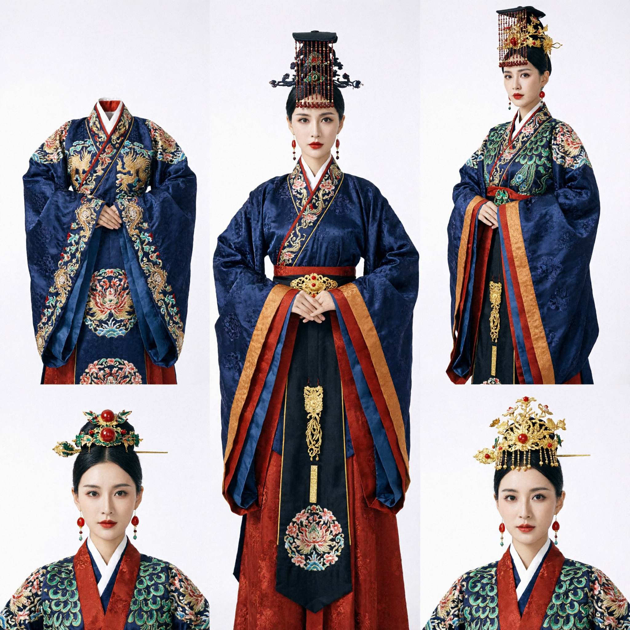 Chinese Traditional Empress Hanfu Costume Ancient Dark Robe with Phoenix Embroidery and Headpiece for Women - Asian Costume