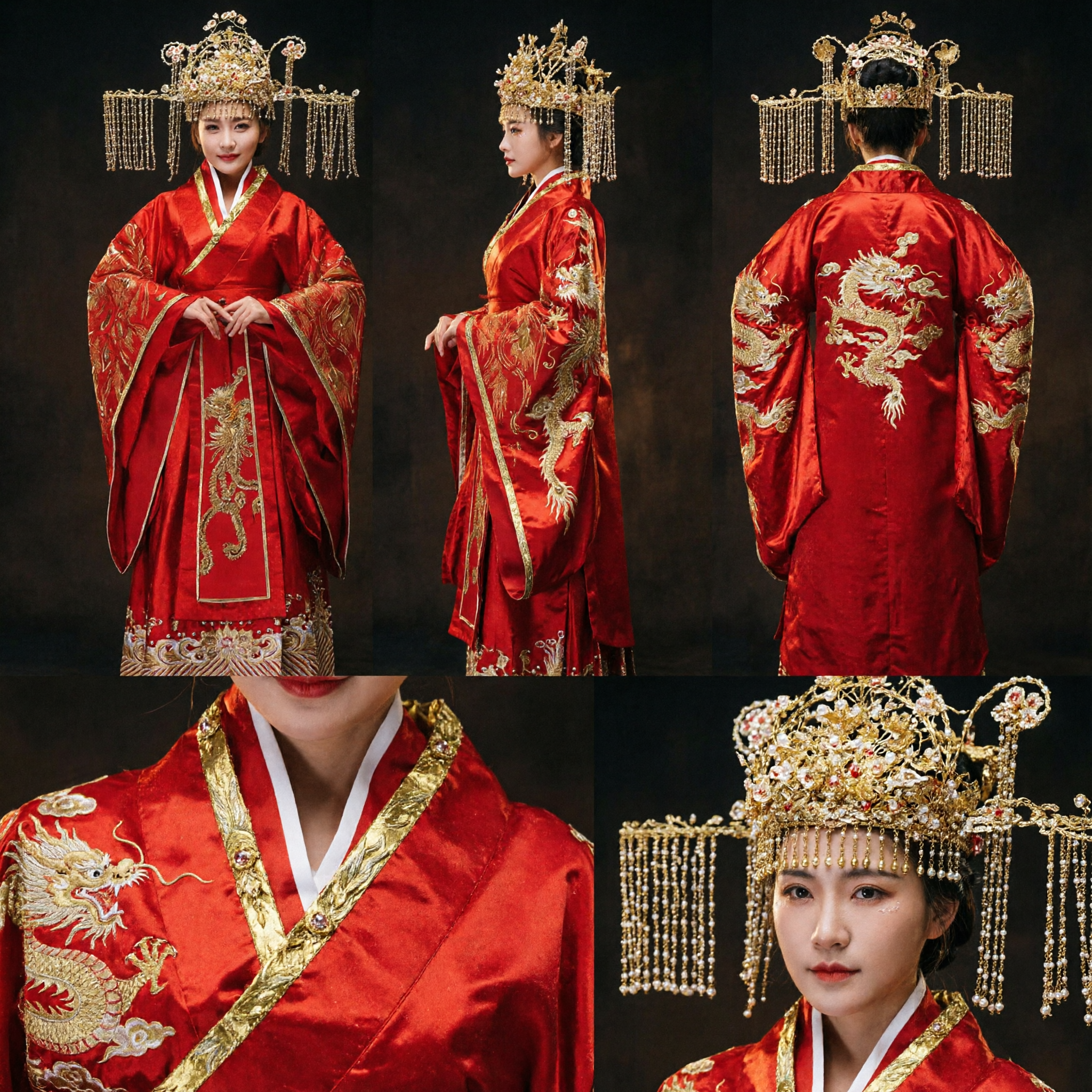 Traditional Chinese Wedding Dress Red Hanfu Embroidered Bridal Robe with Phoenix Coronet for Women - Asian Costume