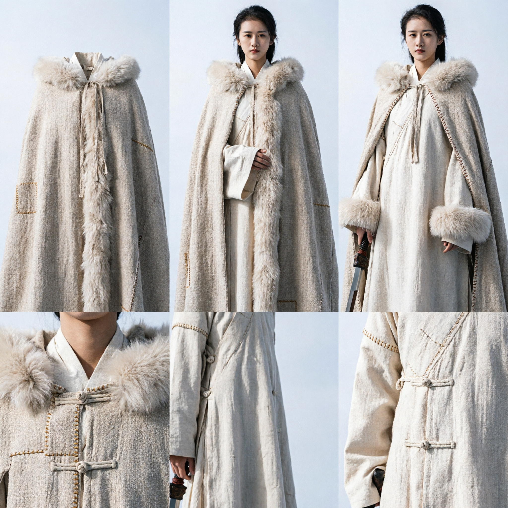 Ancient Chinese Style Winter Hanfu Cloak Beige Fur Collar Cape Wuxia Cosplay Outfit for Women - Asian Costume