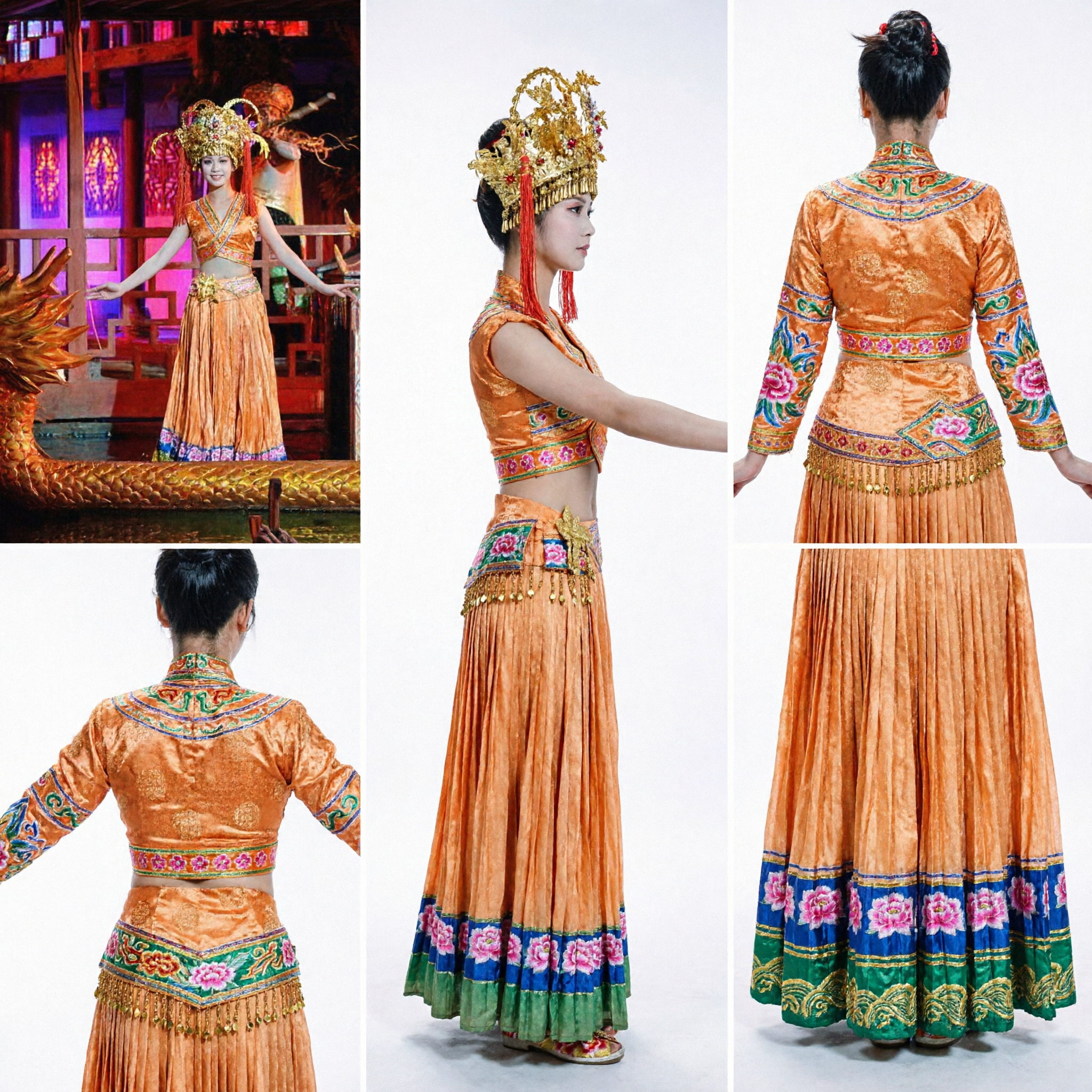 Traditional Thai Classical Dance Costume for Women Orange Folk Stage Performance Dress with Golden Headdress - Asian Costume