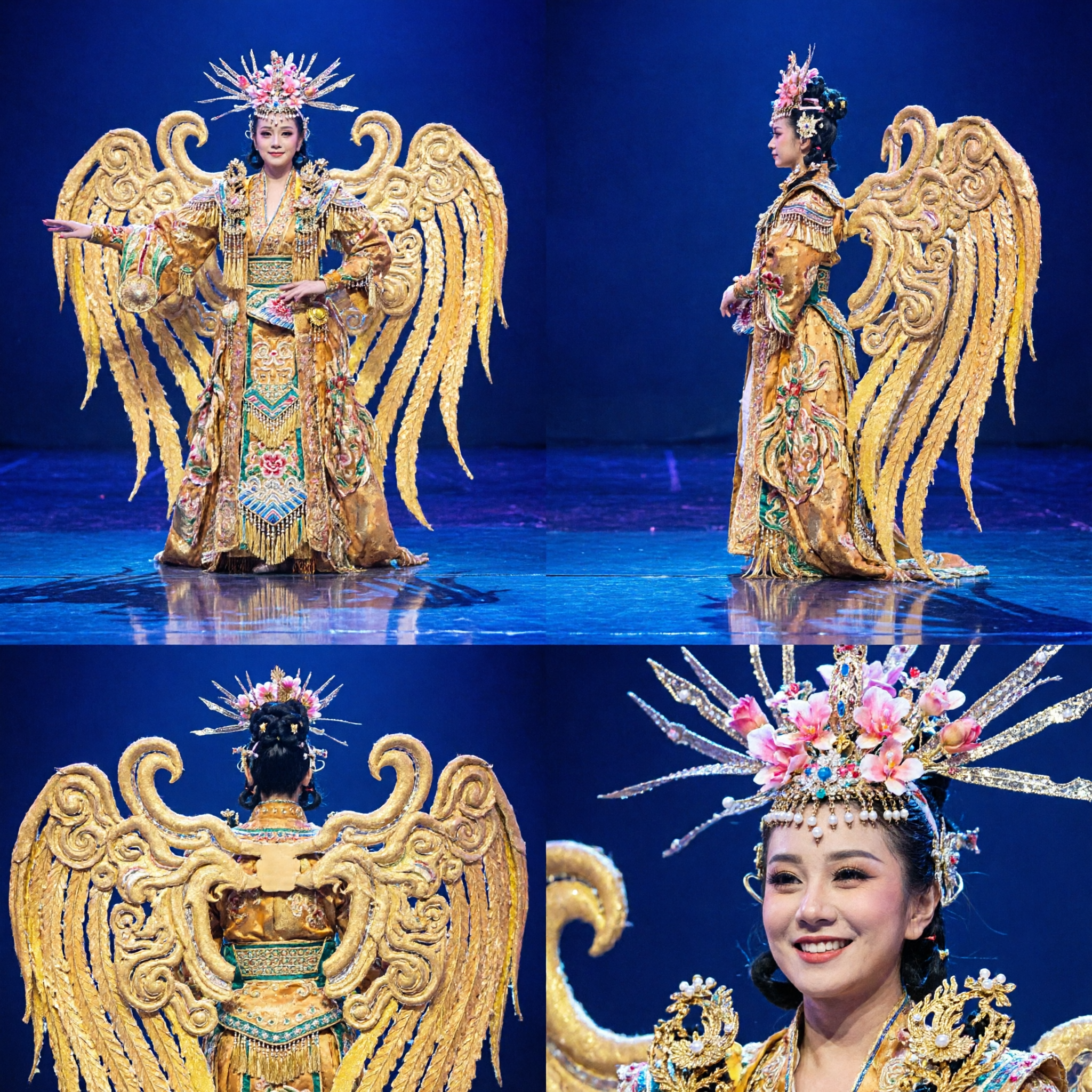Professional Chinese Fantasy Stage Costume with Golden Wings and Scepter for Dance Drama Performance - Asian Costume