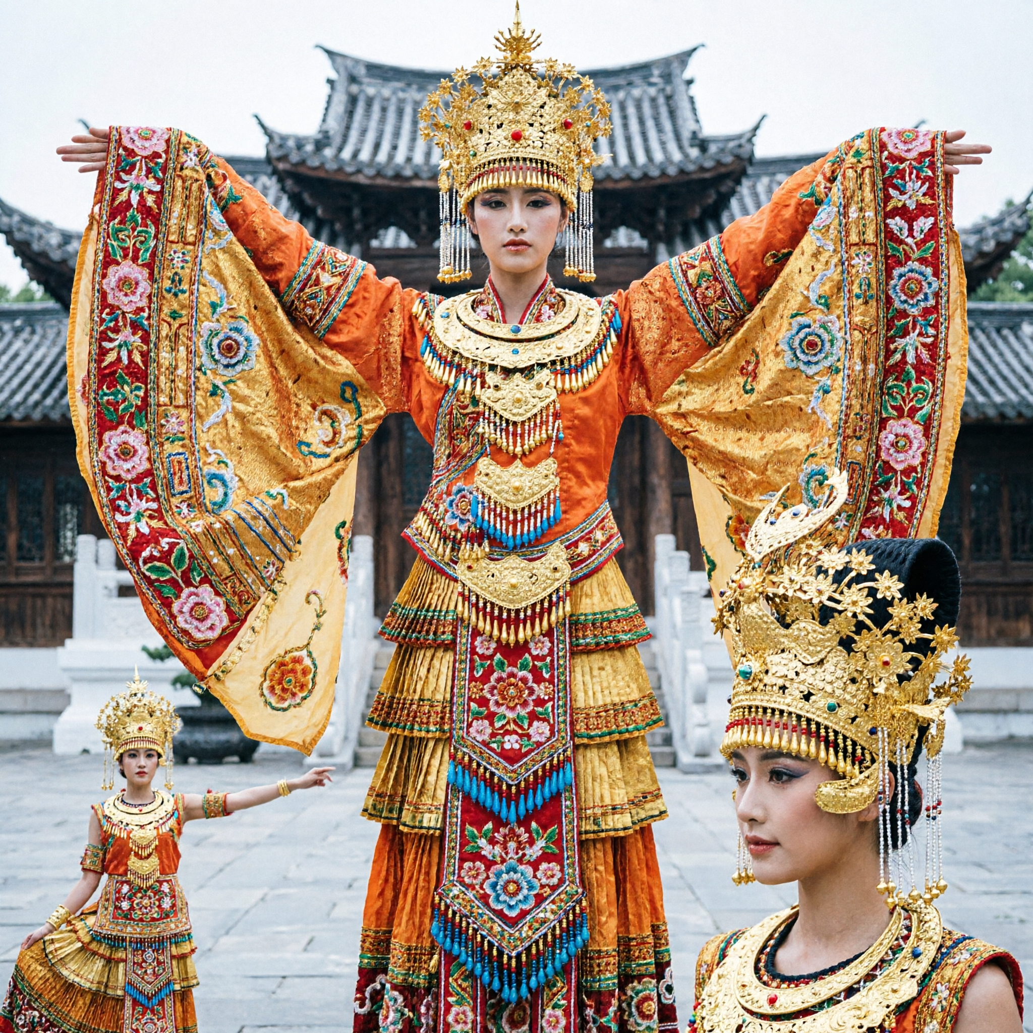 Chinese Traditional Golden Peacock Dance Costume for Women Stage Performance Dress with Feather Headdress - Asian Costume