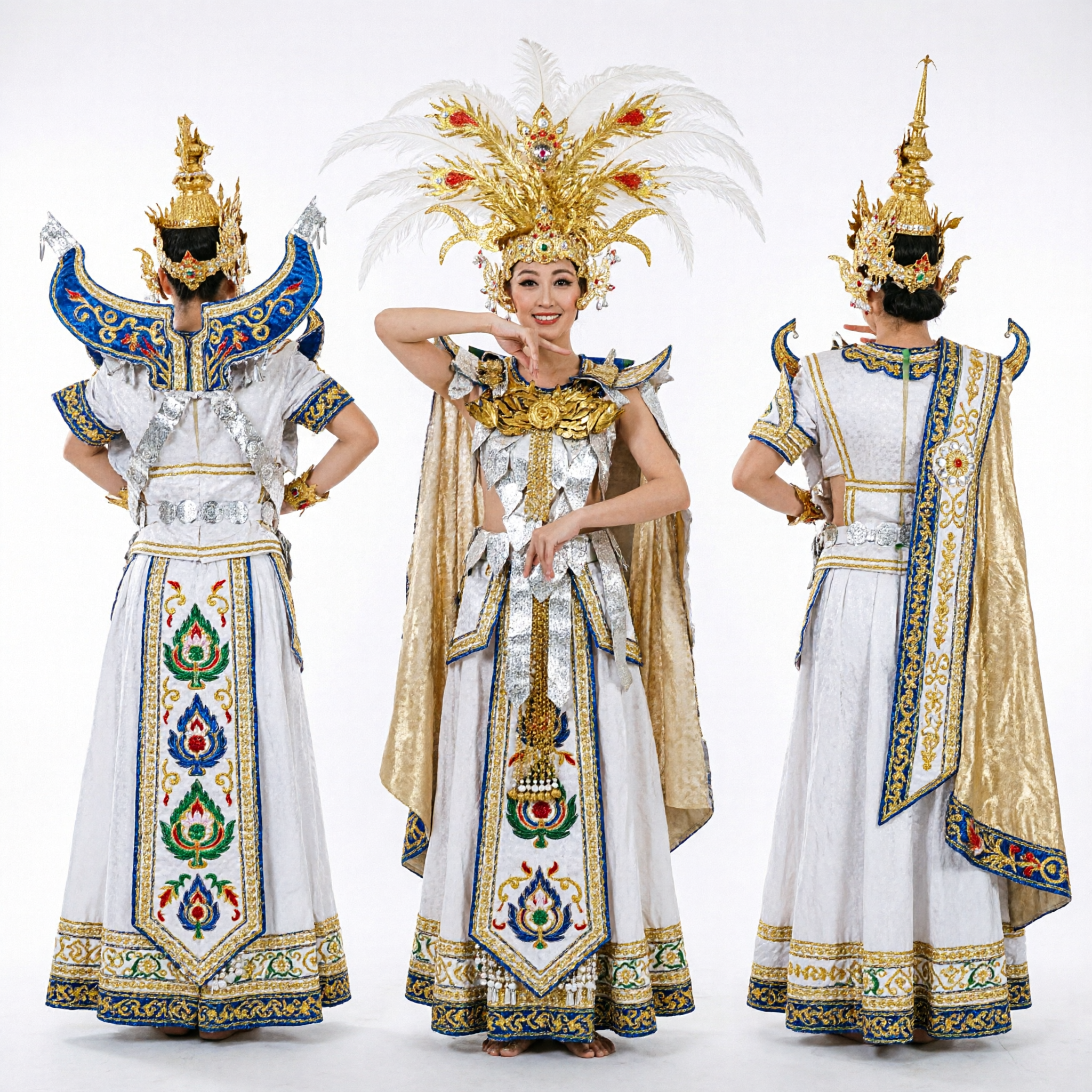 Traditional Chinese Peacock Dance Costume for Women with Large Gold Feather Headdress Stage Performance Dress - Asian Costume