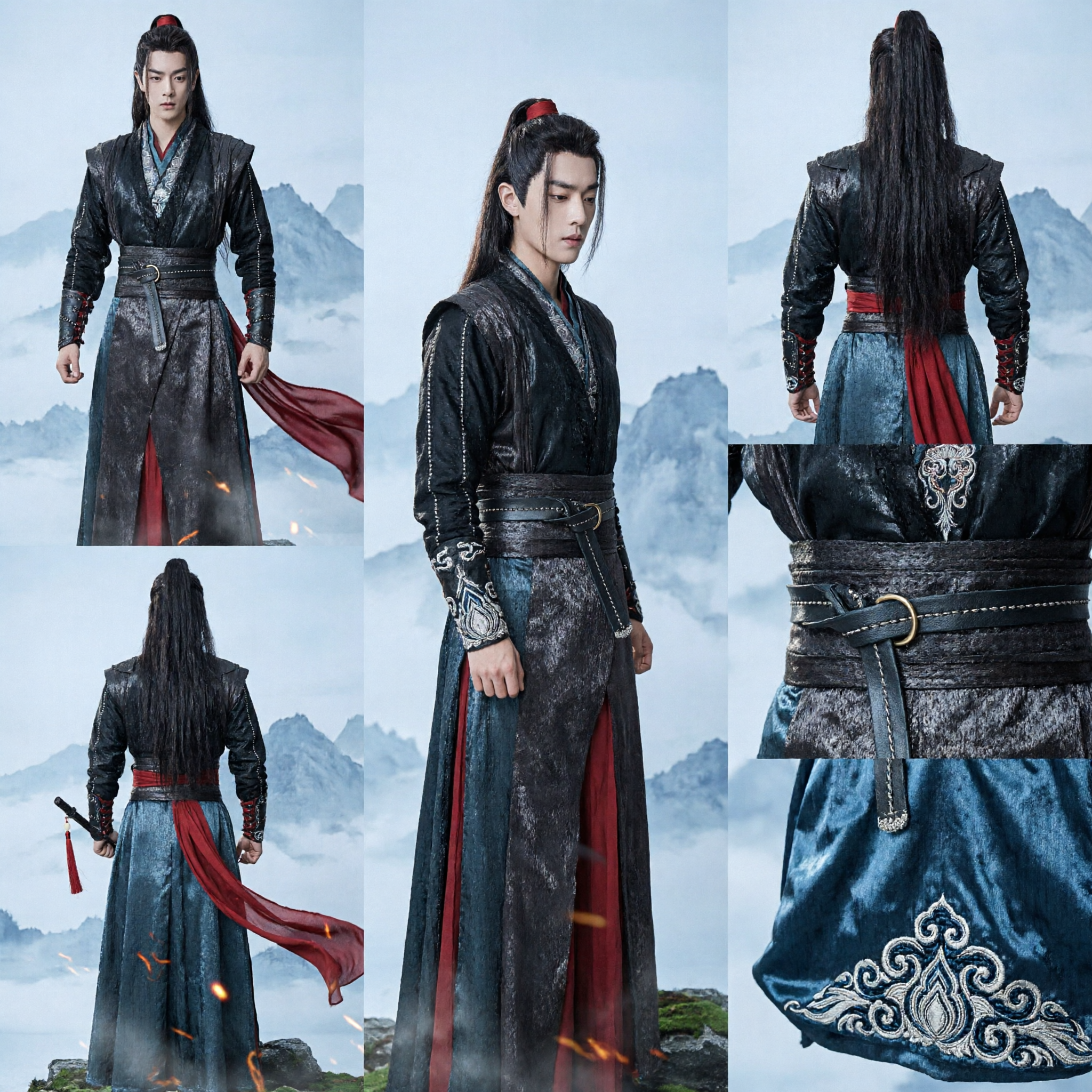Men's Chinese Wuxia Swordsman Hanfu Costume Black Ancient Warrior Robe for Cosplay and Stage Performance - Asian Costume