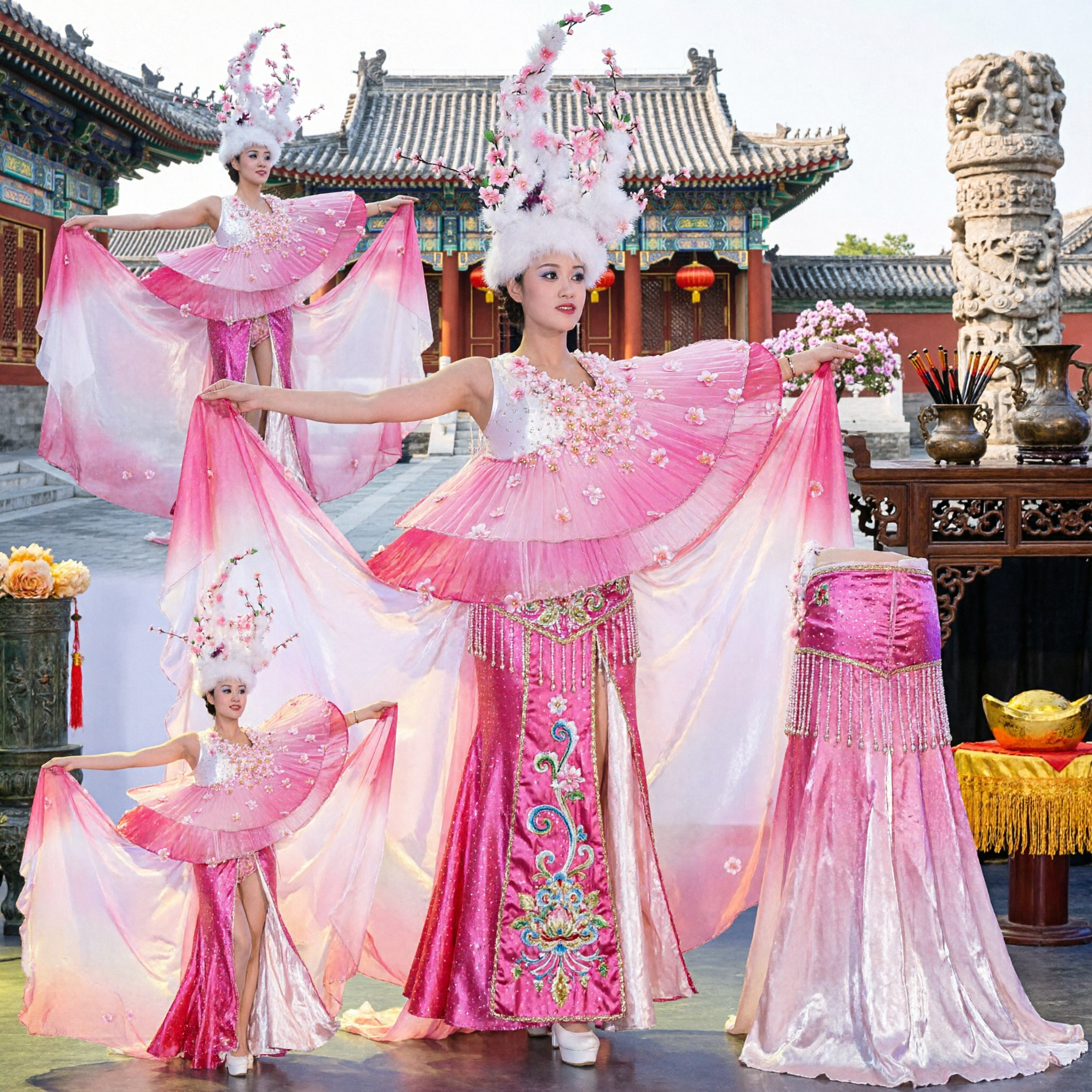 Elegant Pink Peach Blossom Fairy Costume Chinese Stage Dance Dress with Wings and Floral Headpiece for Adults - Asian Costume